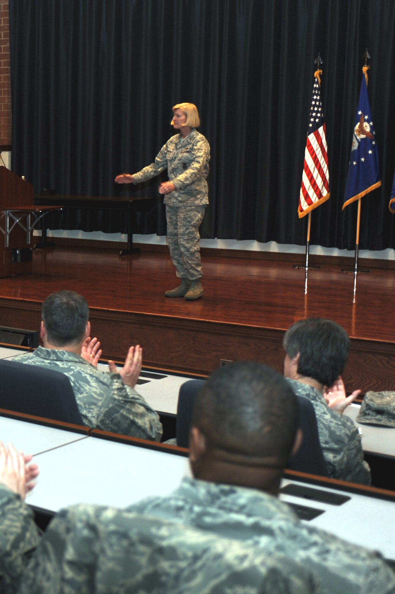 Brig. Gen. Mary Kay Hertog, Air Force Director of Security Forces, addresses an audience of more than 100 Airmen on March 26, 2009, in the U.S. Air Force Expeditionary Center's Grace Peterson Hall on Fort Dix, N.J.  General Hertog's presentation was the first for the Expeditionary Center's Professional Development Speaker Series observing the center's 15th anniversary.  The speaking engagement was also teleconferenced to 15 locations Air Force-wide to include Japan, Germany, Nevada, Texas, Illinois, Hawaii and California. (U.S. Air Force Photo/Staff Sgt. Nathan G. Bevier) 