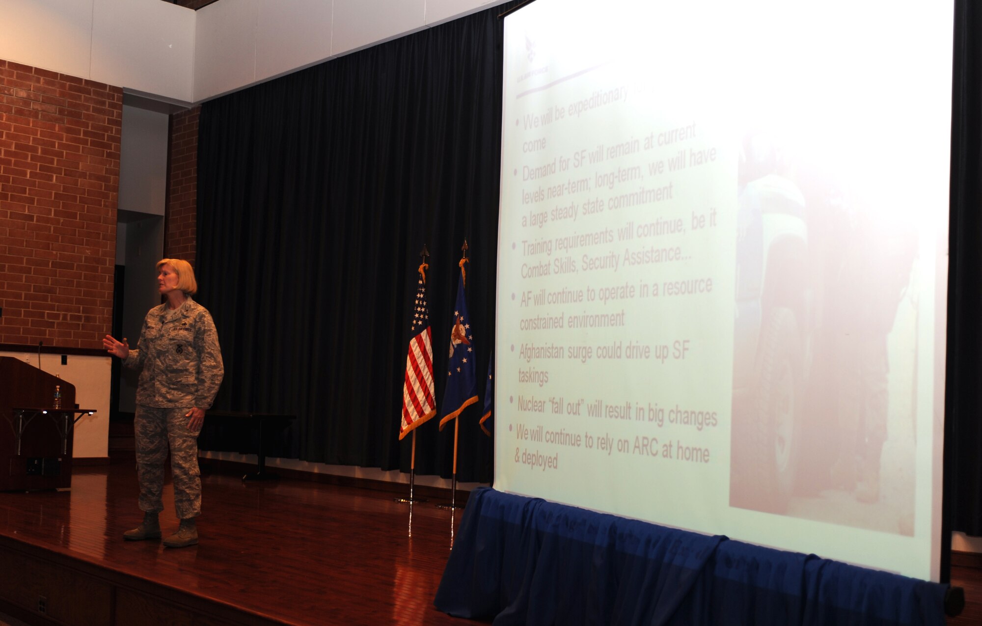 Brig. Gen. Mary Kay Hertog, Air Force Director of Security Forces, addresses an audience of more than 100 Airmen on March 26, 2009, in the U.S. Air Force Expeditionary Center's Grace Peterson Hall on Fort Dix, N.J.  General Hertog's presentation was the first for the Expeditionary Center's Professional Development Speaker Series observing the center's 15th anniversary.  The speaking engagement was also teleconferenced to 15 locations Air Force-wide to include Japan, Germany, Nevada, Texas, Illinois, Hawaii and California. (U.S. Air Force Photo/Staff Sgt. Nathan G. Bevier) 