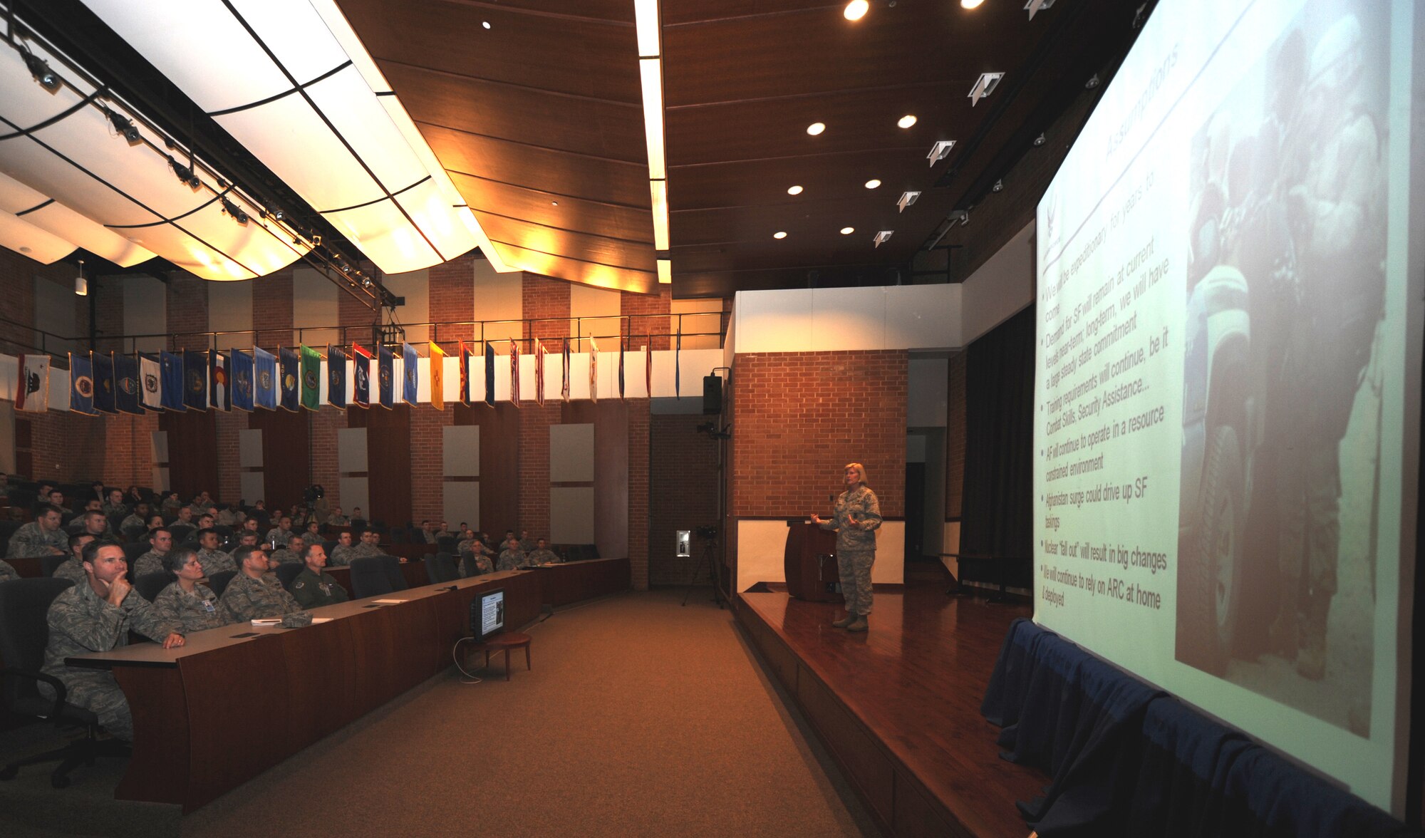 Brig. Gen. Mary Kay Hertog, Air Force Director of Security Forces, addresses an audience of more than 100 Airmen on March 26, 2009, in the U.S. Air Force Expeditionary Center's Grace Peterson Hall on Fort Dix, N.J.  General Hertog's presentation was the first for the Expeditionary Center's Professional Development Speaker Series observing the center's 15th anniversary.  The speaking engagement was also teleconferenced to 15 locations Air Force-wide to include Japan, Germany, Nevada, Texas, Illinois, Hawaii and California. (U.S. Air Force Photo/Staff Sgt. Nathan G. Bevier) 