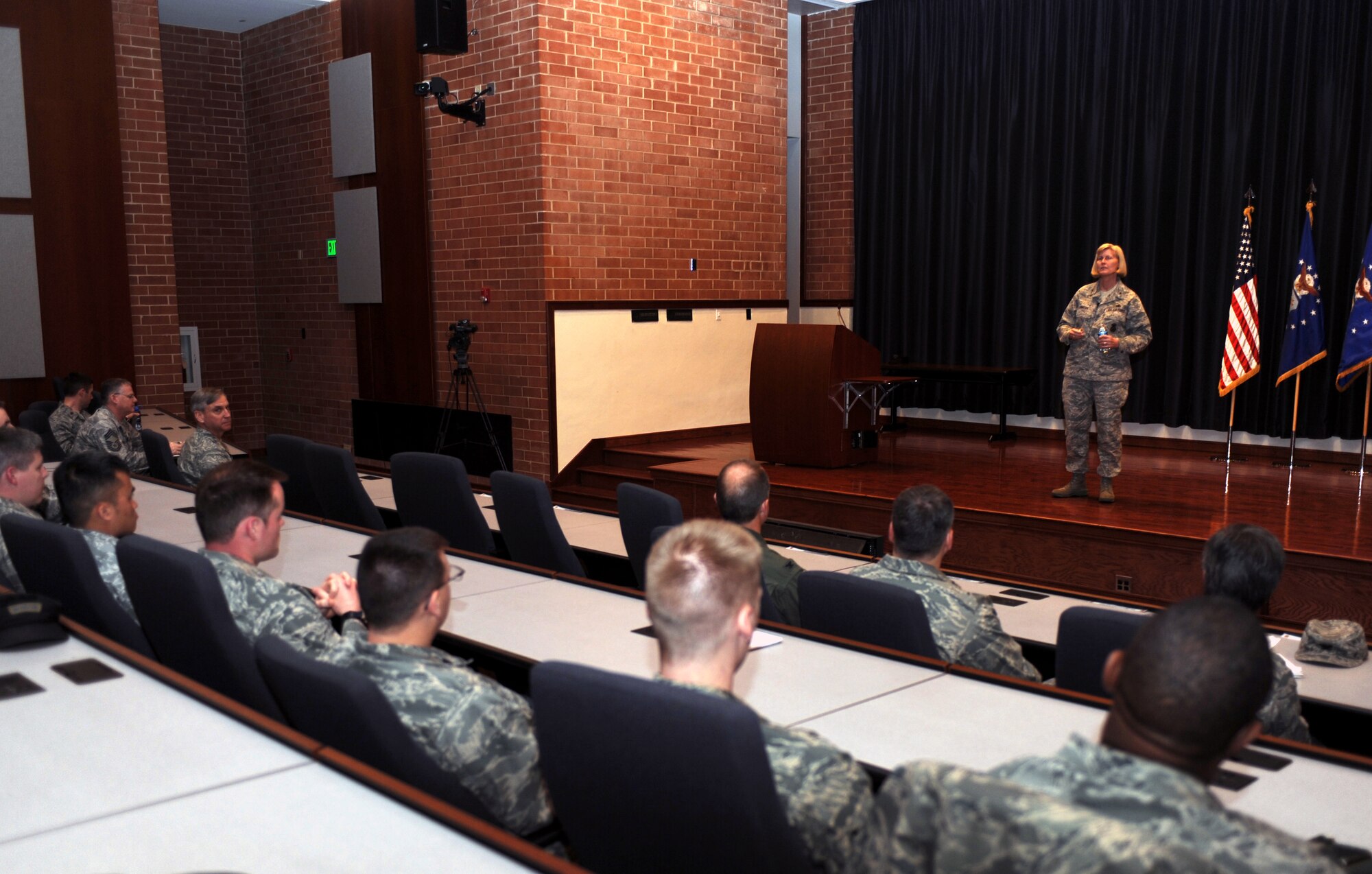 Brig. Gen. Mary Kay Hertog, Air Force Director of Security Forces, addresses an audience of more than 100 Airmen on March 26, 2009, in the U.S. Air Force Expeditionary Center's Grace Peterson Hall on Fort Dix, N.J.  General Hertog's presentation was the first for the Expeditionary Center's Professional Development Speaker Series observing the center's 15th anniversary.  The speaking engagement was also teleconferenced to 15 locations Air Force-wide to include Japan, Germany, Nevada, Texas, Illinois, Hawaii and California. (U.S. Air Force Photo/Staff Sgt. Nathan G. Bevier) 