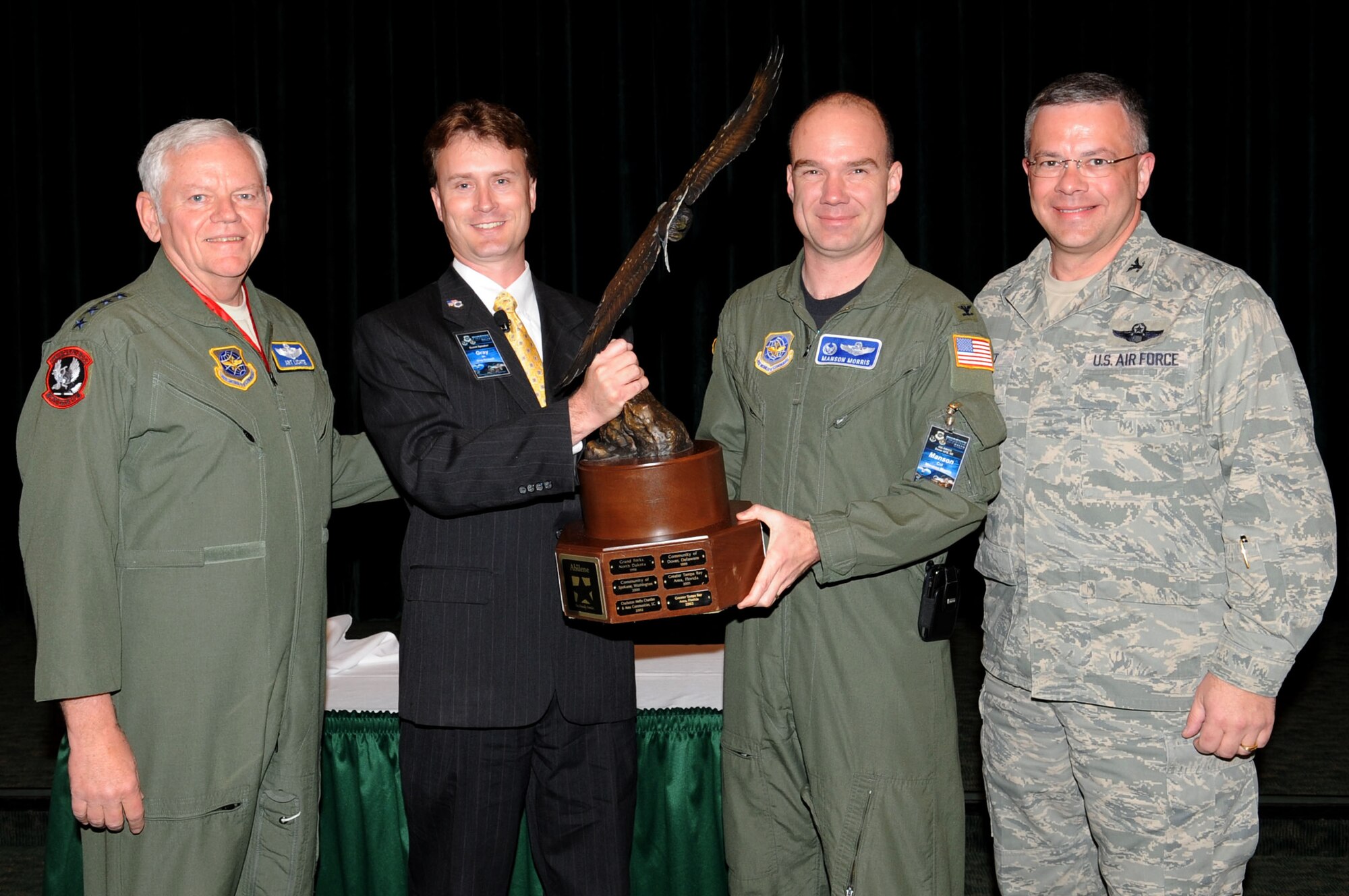 (From left) Gen. Arthur Lichte, Air Mobility Command commander, Gray Bridwell, Abilene Chamber of Commerce Military Affairs Executive Committee member, Col. Manson Morris, 436th Airlift Wing commander, and Col. Randal Bright, 512th AW commander, proudly display the Abilene Trophy at Spring Rally at MacDill Air Force Base, Fla. Dover was named the 2008 AMC Community Support Award winner, and the Central Delaware Chamber of Commerce will host the traveling Abilene Trophy for the next year. (U.S. Air Force photo/Senior Airman Nancy Hooks)