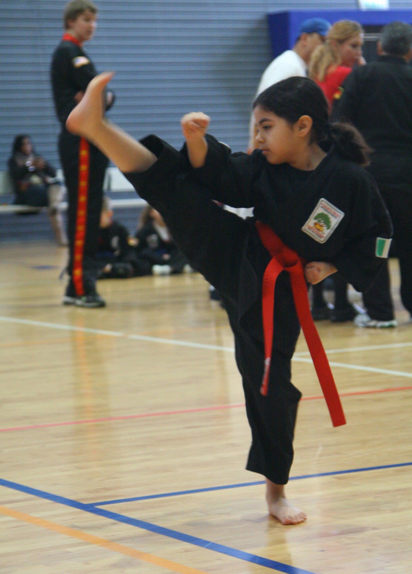 Melyna Guajardo competes in the 9th Annual United States Air Force in Europe Martial Arts Tournament at Ramstein, Germany. Melyna took first place in Kata and Sparring during the tournament. (U.S. Air Force photo by Damon Whitney)