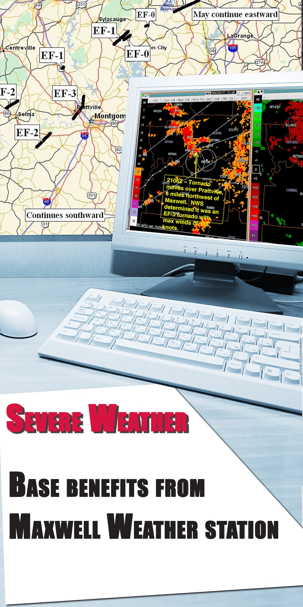According to David Scott, the Maxwell Weather Station manager, the most important jobs at the station are resource protection and issuing warnings for severe weather and tornados, but they also brief pilots and monitor weather observation systems. (Air Force illustration by Michael Paul)