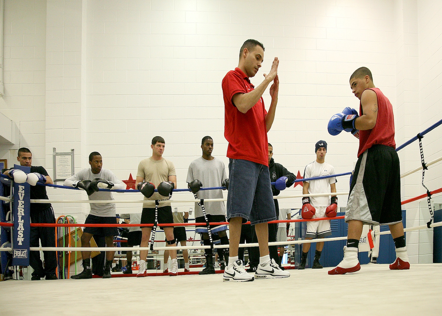 3/24/2009 - Air Force boxing coach Steven Franco works with Anthony Nieves, MacDill AFB, Fla., at Lackland's Bennett Fitness Center. (USAF photo by Robbin Cresswell)