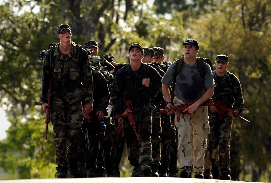 MOODY AIR FORCE BASE, Ga. -- Candidates from class 09A who are enrolled in the combat rescue officer selection course participate in a ruck march to test their strength and endurance abilities here March 25. The candidates must pass a six day course that includes both mental and physical examinations to even be considered for a position as a combat rescue officer. (U.S. Air Force photo by Senior Airman Brittany Barker)