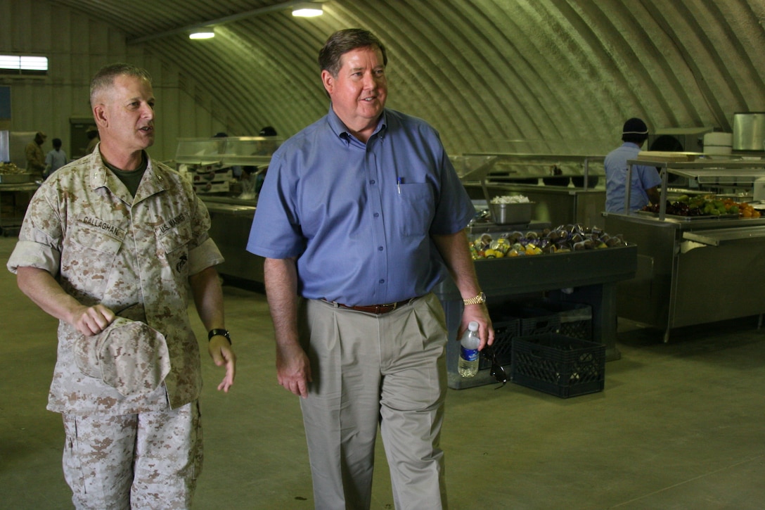 Ken Calvert, a member of the United States House of Representatives since 1993, is given a tour of Camp Wilson’s dining facilities by Col. Michael Callaghan, the officer in charge of Mojave Viper’s Support Detachment March 28.