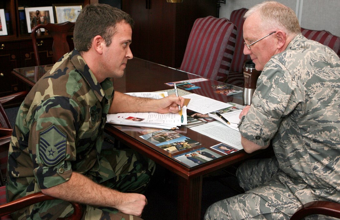 Master Sgt. Jebodiah Eaton in a production meeting with the Band’s Deputy Commander, Lieutenant Colonel Alan Sierichs