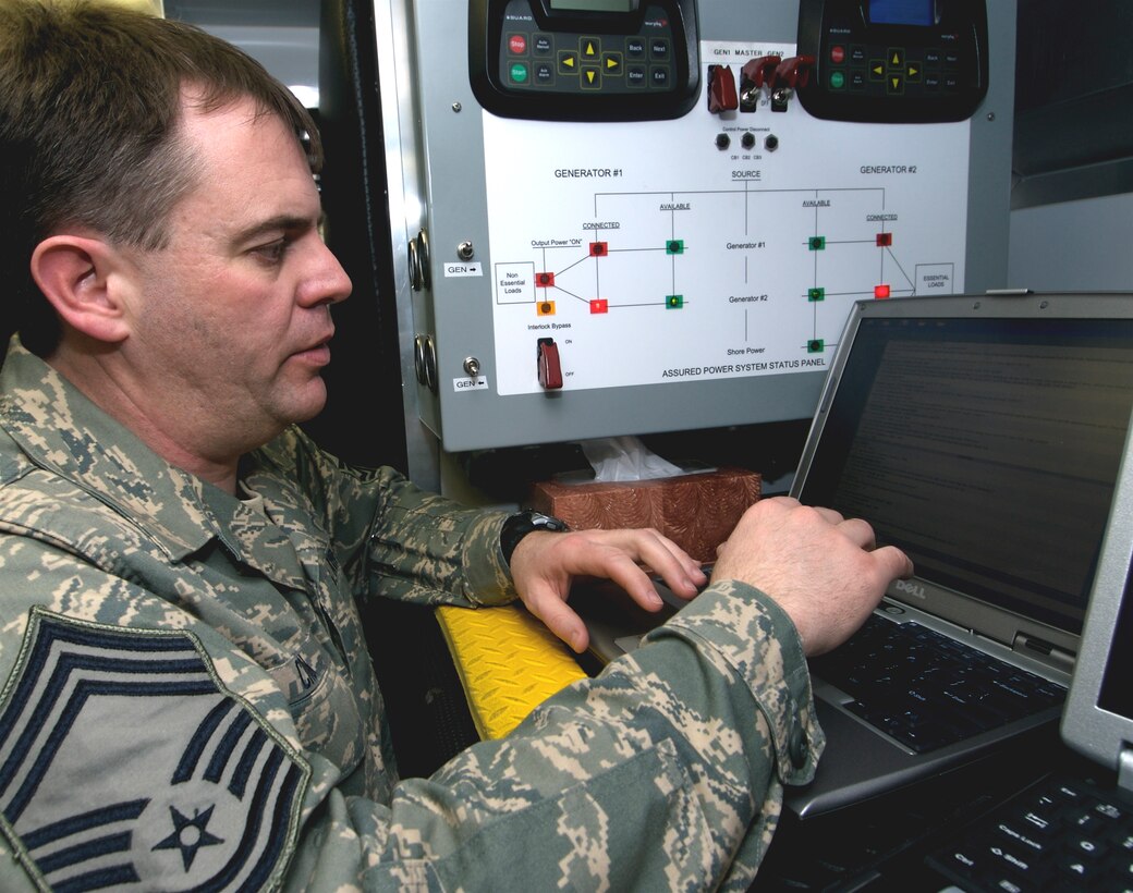 Chief Master Sgt. Matthew Cron, 133rd Communications Flight, Minnesota Air National Guard, operates a state wide military communication system near Moorhead, Minnesota. The Joint Communications Platform (JCP) allows both Army National Guard and Air National Guard members to communicate live with information about 2009 spring flooding. Chief Master Sgt. Cron’s hometown is Dussel, MN.
U.S. Air Force Photo by Tech Sgt Erik Gudmundson 
