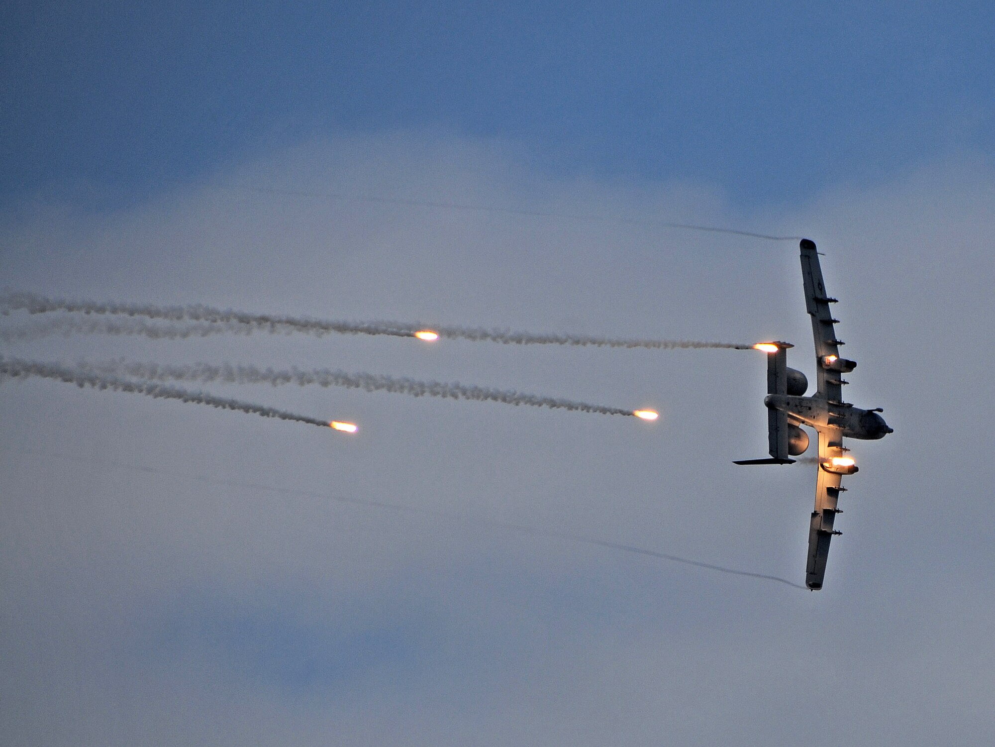 An Air Force A-10 Thunderbolt II, like the one shown here, flew a show of force March 28, expending a number of flares, to deter an enemy force attack while providing overwatch for a coalition medical evacuation by helicopter. (U.S. Air Force file photo/Airman 1st Class Chad Strohmeyer)