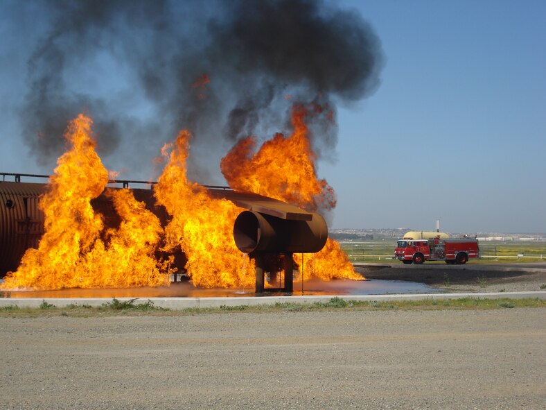 A Moreno Valley Cal Fire truck responds to the simulated crash of an aircraft. The March Fire Department trained the Cal Fire. (U.S. Air Force photo by SSgt. Megan
Crusher)