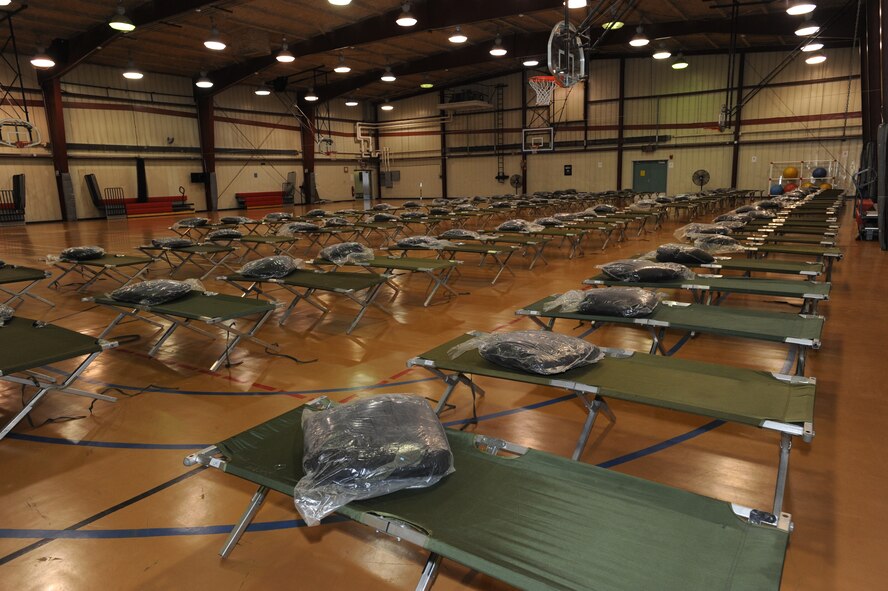 Cots have been set-up in the Grand Forks AFB fitness center in support of the flood beddown operation. (U.S. Air Force photo/Tech. Sgt. Johnny Saldivar)