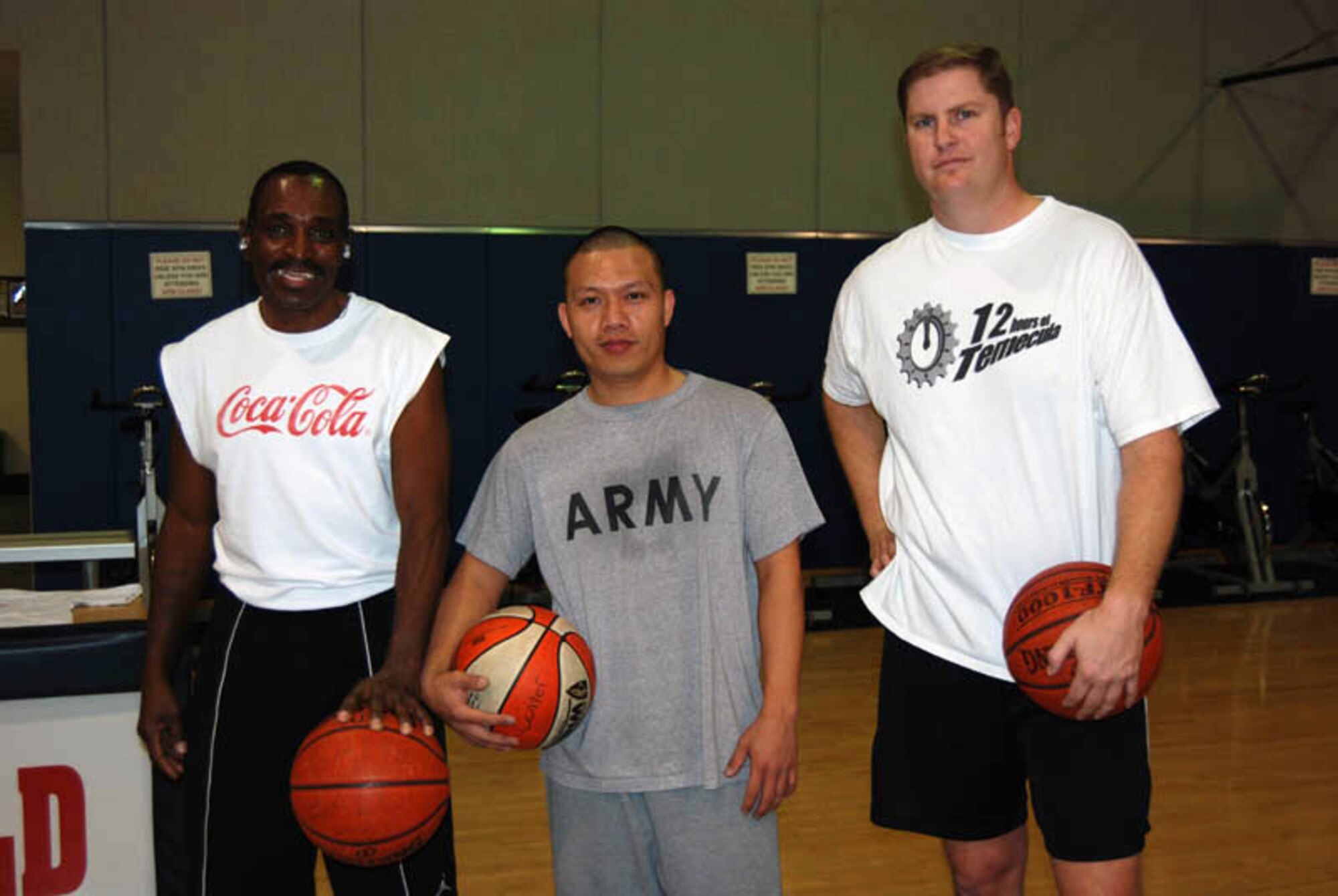 The Fitness Center had a 3-point shootout. The winners are:
1st Place (middle) Troung Nguyen
2nd Place (left) Donald Lee
3rd Place (right) Andy Ormiston
(U.S. Air Force photo by Henry Kim)