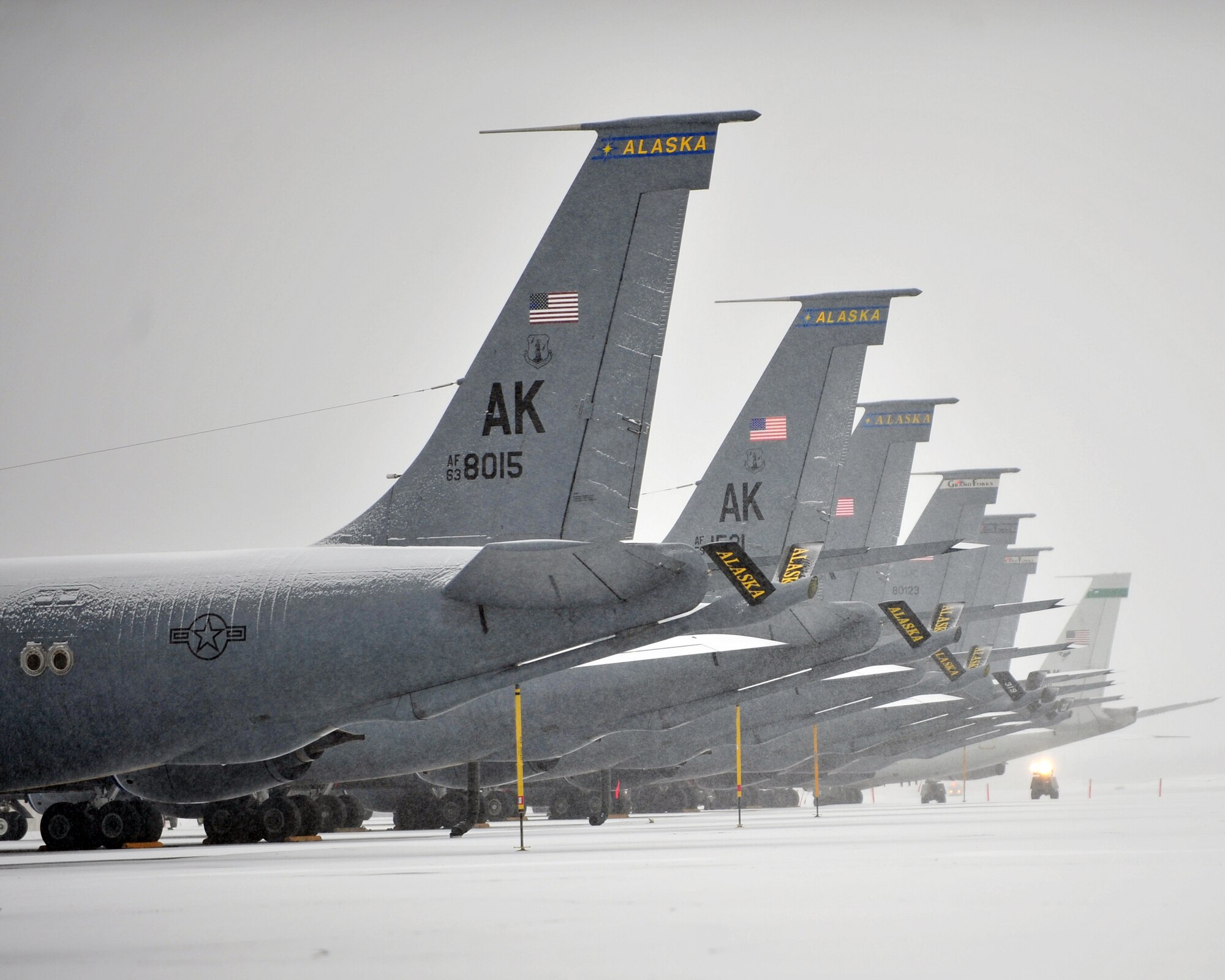 KC-135B Stratotankers from Eielson Air Force Base sit alongside Grand Forks Air Force Base Stratotankers, March 27, 2009, Eielson Air Force Base, Alaska. Airmen from Grand Forks Air Force Base 319th Air Refueling Wing are here on temporary duty. (U.S. Air Force photo/Airman 1st Class Willard E. Grande II)