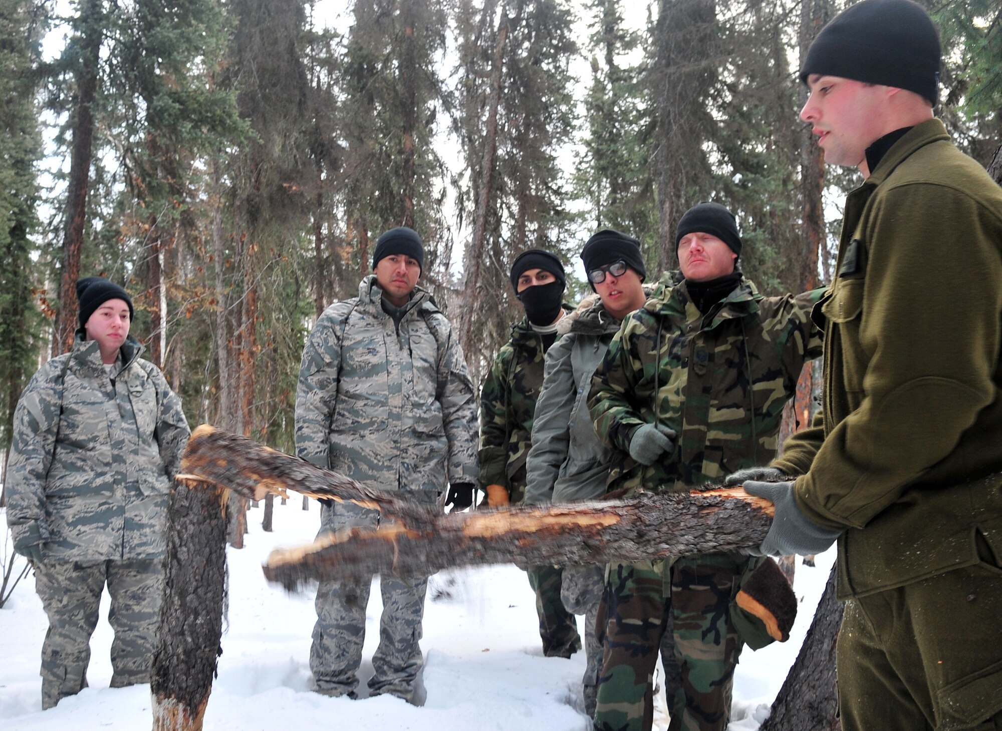Airman 1st Class Chris Oglevie, Arctic Survival School Instructor, Detachment 1, 66th Training Squadron, splits a dead coniferous tree March 26, 2009, Eielson Air Force Base, Alaska. The Alaska split-wood method is used in cold climate conditions because trees split easier than if they were in warmer weather. (U.S. Air Force photo/Airman 1st Class Willard E. Grande II)