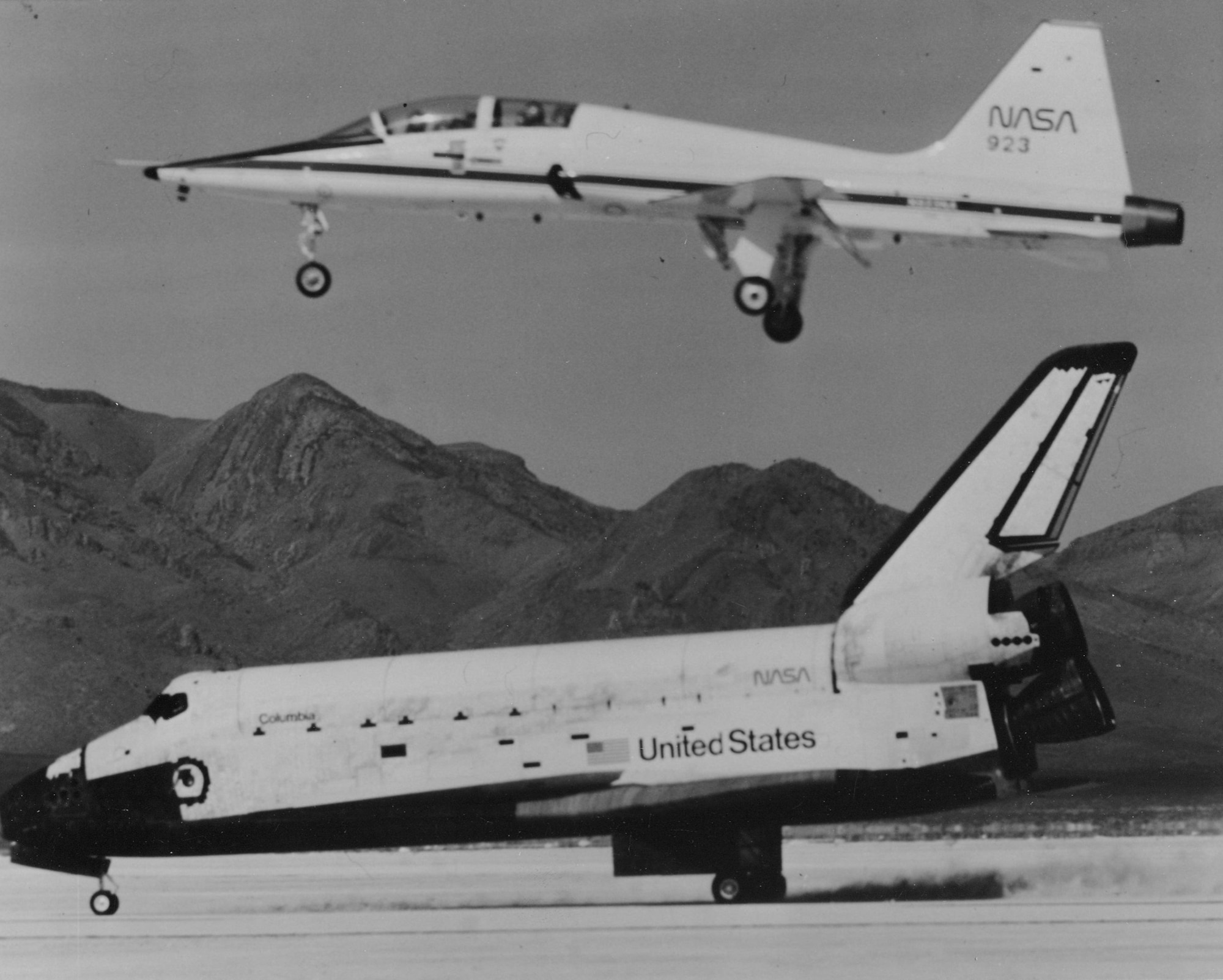 The Space Shuttle Orbiter Columbia lands in 1982 in southern New Mexico after seven days in space, where the astronauts tested their ability to deploy and capture objects, and even keep house. On April 15, 1982, the U.S. House of Representatives renamed the Strip, where Columbia landed, to White Sands Space Harbor. NASA lost the Columbia and seven astronauts on Feb. 1, 2003, when it broke apart on reentry over Texas. (photo courtesy of New Mexico Museum of Space History)
