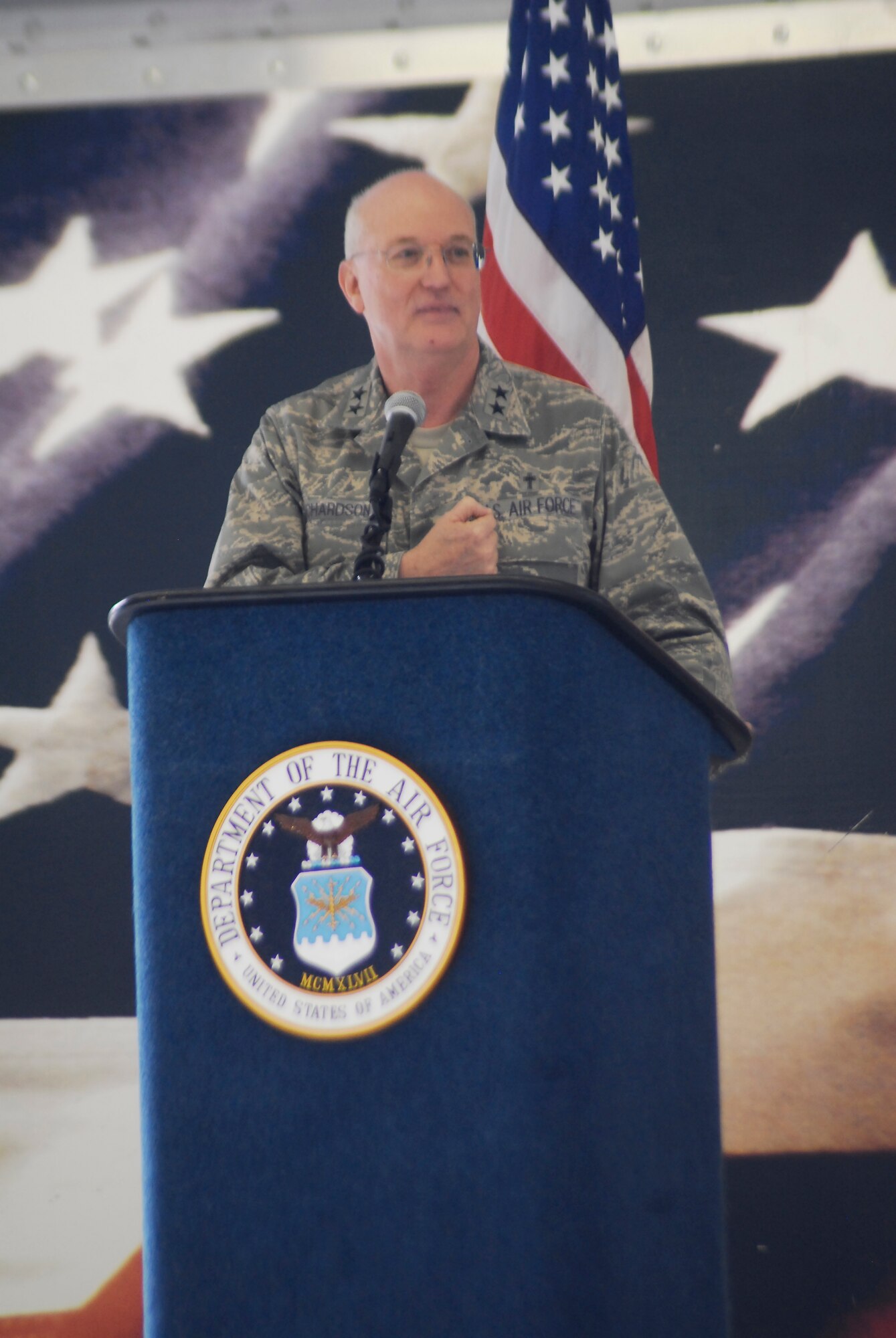Chaplain (Maj. Gen.) Cecil Richardson, Chief of Chaplains, Headquarters United States Air Force, speaks to Team Pope Airmen during the National Prayer Luncheon March 26. (U.S. Air Force Photo by Airman 1st Class Mindy Bloem)