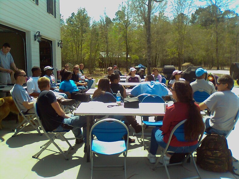 MOODY AIR FORCE BASE, Ga. -- Moody couples wait for instructions before starting an activity during the second day of a marriage retreat hosted by the Base Chapel at the Hannan Ranch in Valdosta, Ga., March 21. The activity entailed couples working together to pass through 22 stations. (Courtesy photo)