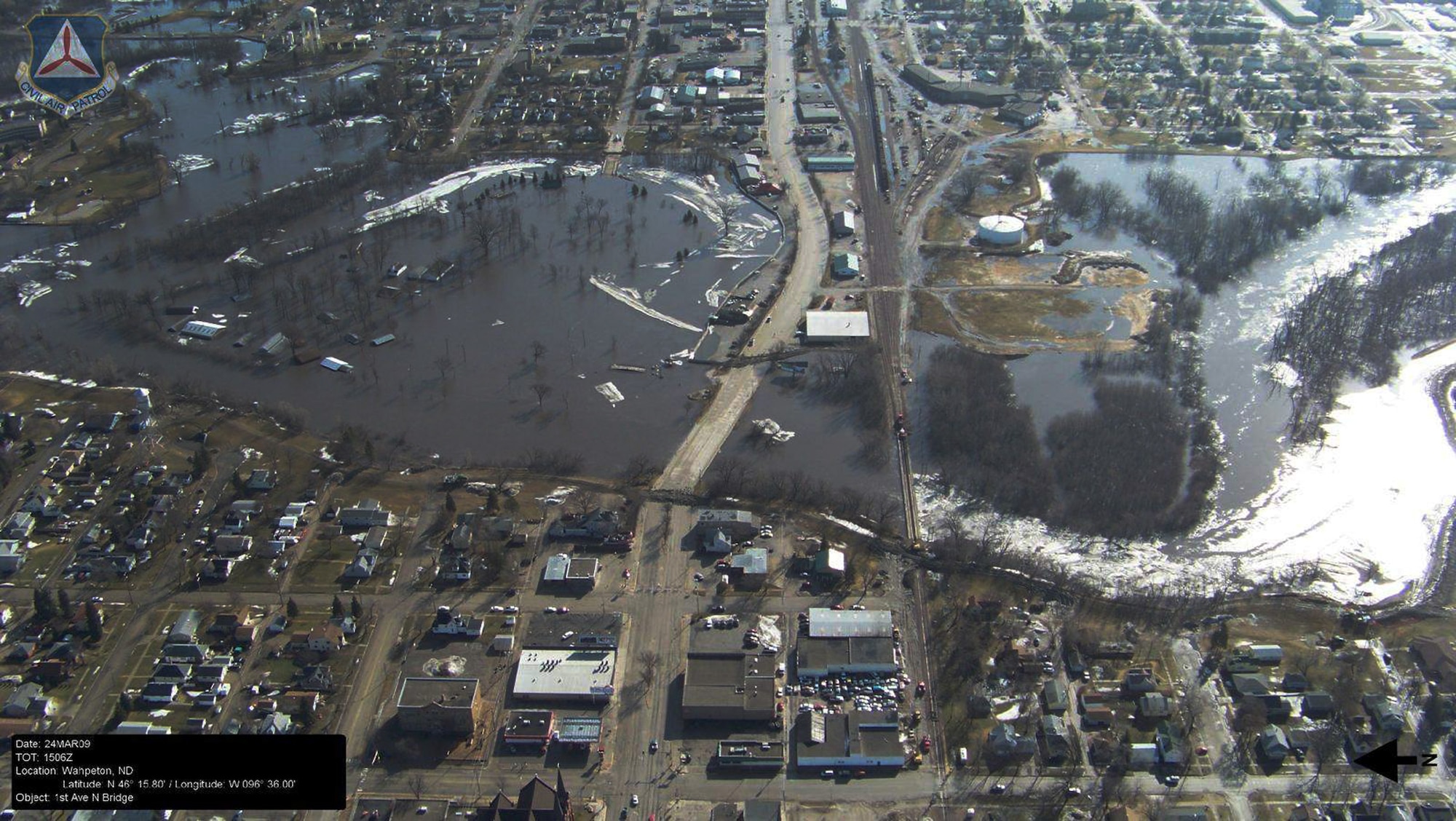This visual image from Air Force Auxiliary officials show damage done by flood waters along the Red River in North Dakota. Air Force Auxiliary officials have flown more than 30 sorties and captured hundreds of visual images to give emergency responders and on-scene commanders the most up-to-date picture of the affected areas. (U.S. Air Force photo)
