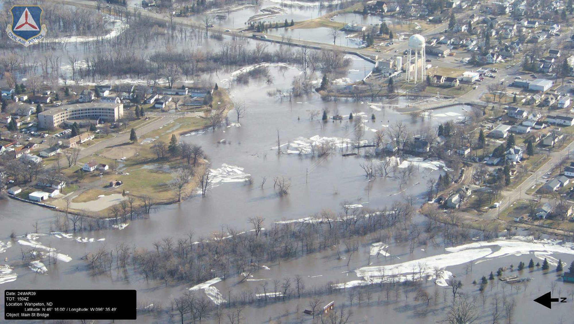 This visual image from Air Force Auxiliary officials show damage done by flood waters along the Red River in North Dakota. Air Force Auxiliary officials have flown more than 30 sorties and captured hundreds of visual images to give emergency responders and on-scene commanders the most up-to-date picture of the affected areas. (U.S. Air Force photo)