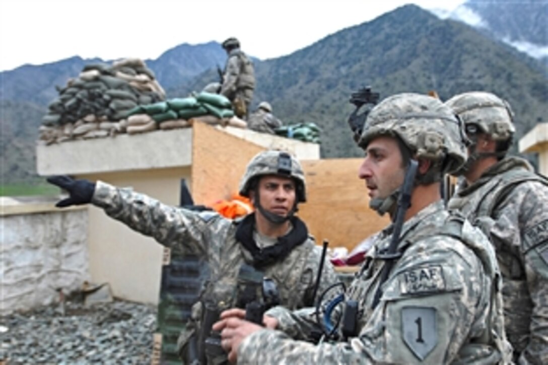 U.S. Army Spc. Andrew Soria points out the position of a mortar strike to Staff Sgt. Eddie Adradi, fire support noncommissioned officer, during a practice live-fire at Nishagam District Center,  Konar province, Afghanistan, March 17, 2009. The soldiers are assigned to the 6th Squadron, 4th Cavalry Regiment. 