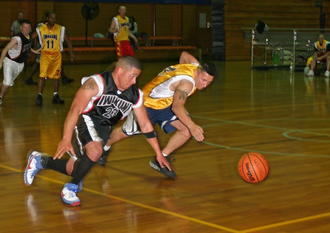 A player (right) of the Marine All Weather Fighter Attack Squadron 225 Vikings runs the ball up the court while trying to keep the lead in the second half of the game. Headquarters and Headquarters Squadron Hand Selected ended up winning the game 33-30. The 2009 Intramural Basketball season continues until April 22.