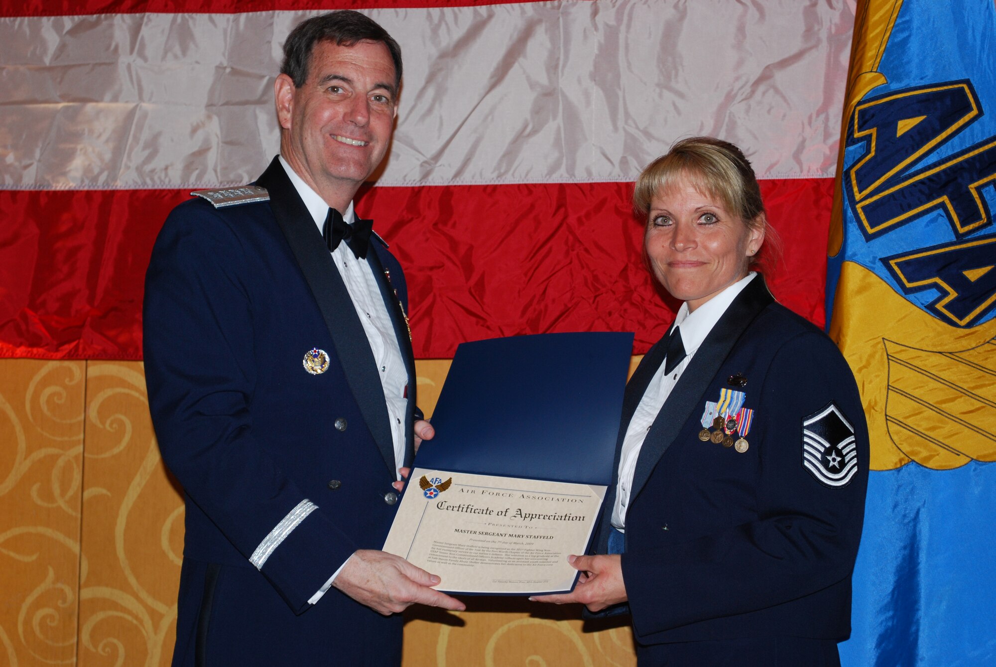 Master Sgt. Mary Staffeld, 301st Force Support Squadron's education and training superintendant, was awarded the Air Force Association Non-commissioned Officer of the Year for 2008 by Fort Worth's Chapter 272. Sergeant Staffeld was presented this award March 7, 2009, at the AFA?s annual Black Tie Affair event held at Fort Worth's Worthington Hotel. (U.S. Air Force Photo)
