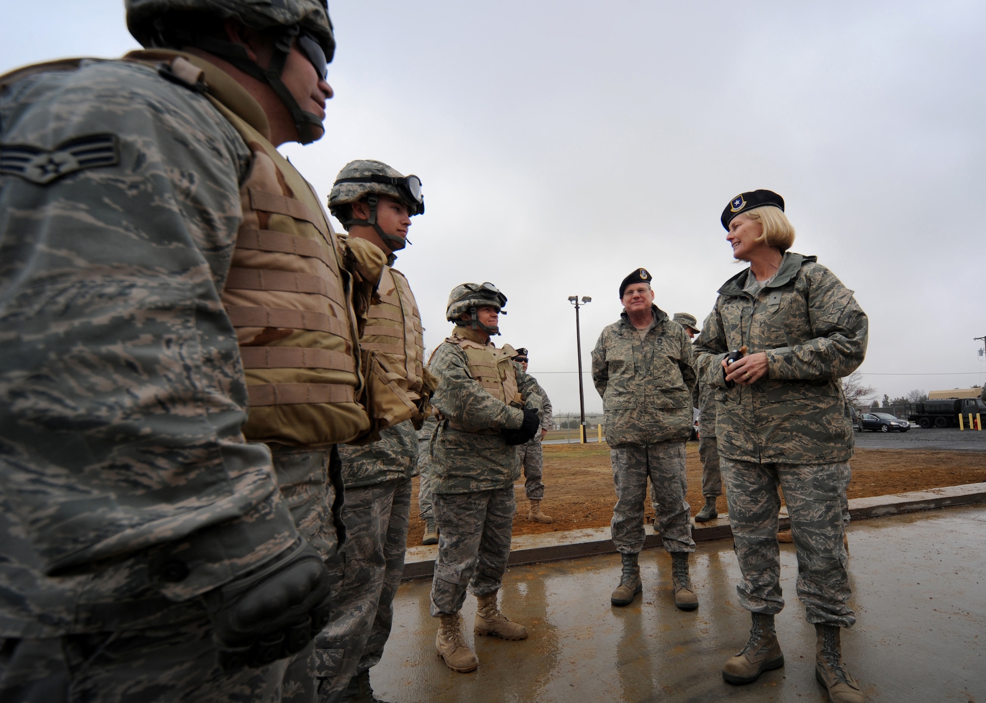Brig. Gen. Mary Kay Hertog, Air Force Director of Security Forces at the Pentagon, talks with security forces Airmen in training during a visit to the U.S. Expeditionary Center on Fort Dix, N.J., on March 26, 2009.  General Hertog also gave a presentation for the Expeditionary Center's Professional Development Speaker Series observing the center's 15th anniversary.  The speaking engagement was also teleconferenced to 15 locations Air Force-wide to include Japan, Germany, Nevada, Texas, Illinois, Hawaii and California. (U.S. Air Force Photo/Staff Sgt. Nathan G. Bevier) 