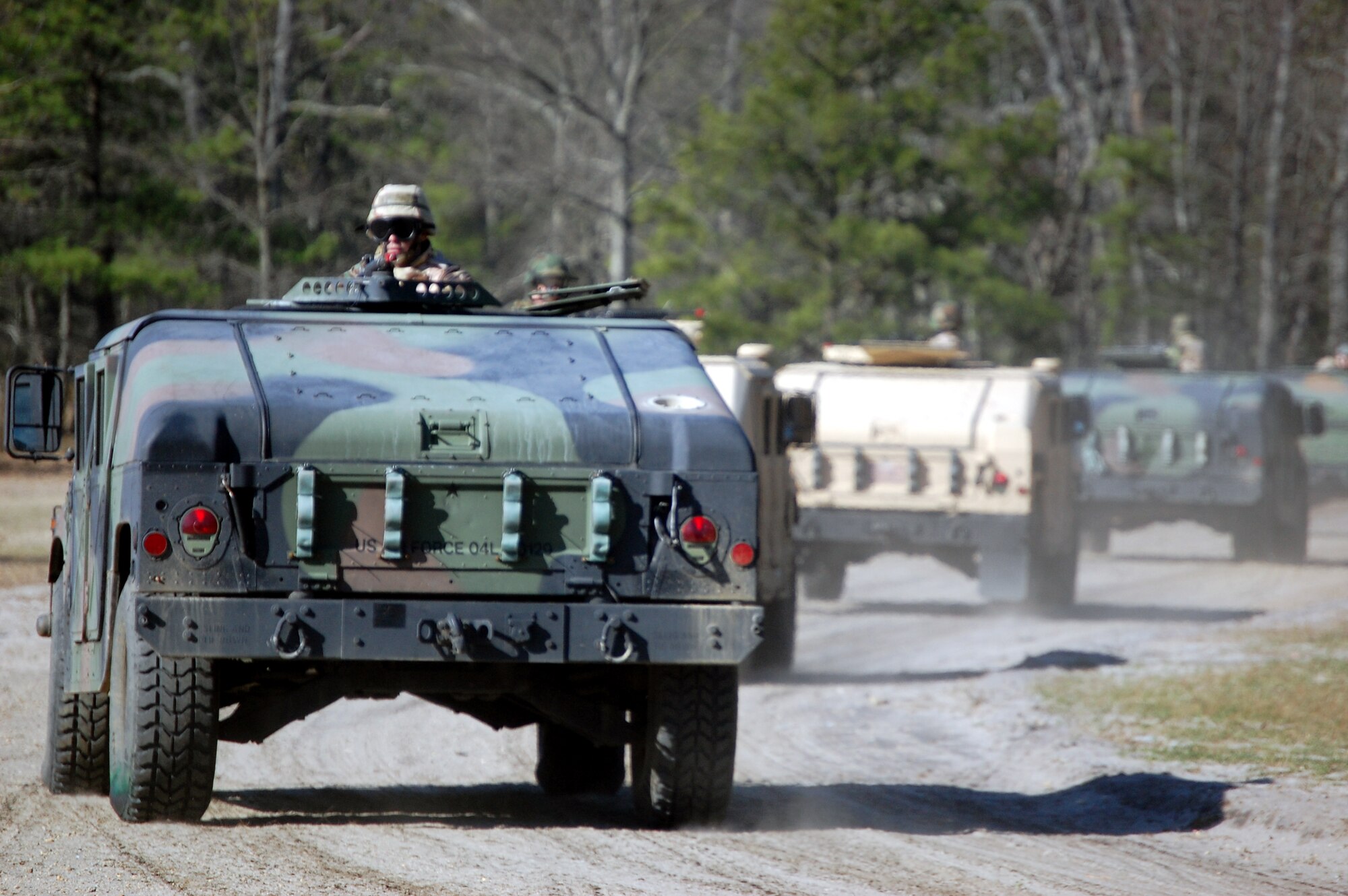 Students in the Advanced Contingency Skills Training Course participate in a scenario for convoy operations training on March 31, 2009, on a Fort Dix, N.J., range.  The course, taught by the U.S. Air Force Expeditionary Center's 421st Combat Training Squadron also on Fort Dix, prepares Airmen for upcoming deployments with advanced combat skills.  (U.S. Air Force Photo/Tech. Sgt. Scott T. Sturkol)