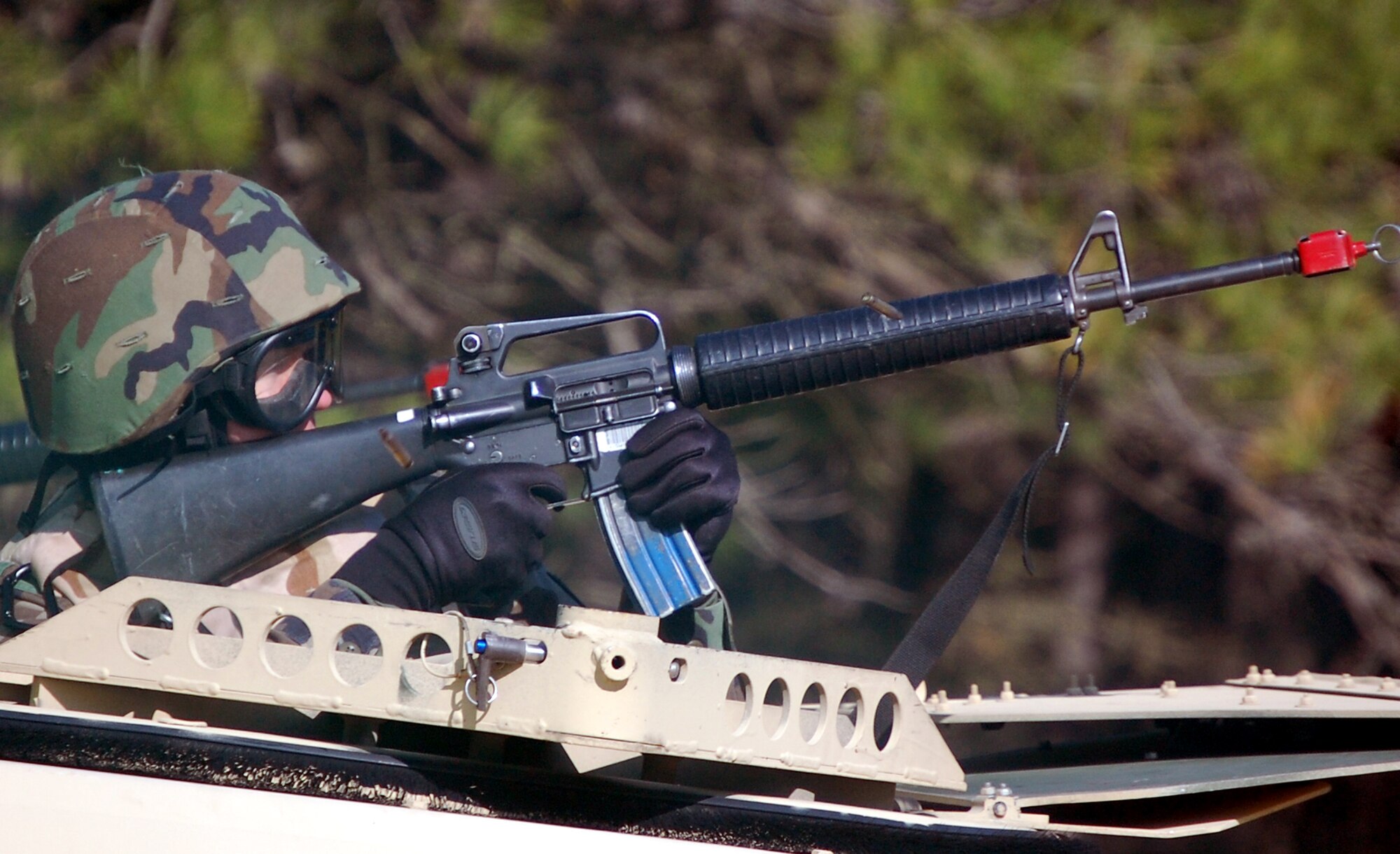 Students in the Advanced Contingency Skills Training Course participate in a scenario for convoy operations training on March 31, 2009, on a Fort Dix, N.J., range.  The course, taught by the U.S. Air Force Expeditionary Center's 421st Combat Training Squadron also on Fort Dix, prepares Airmen for upcoming deployments with advanced combat skills.  (U.S. Air Force Photo/Tech. Sgt. Scott T. Sturkol)
