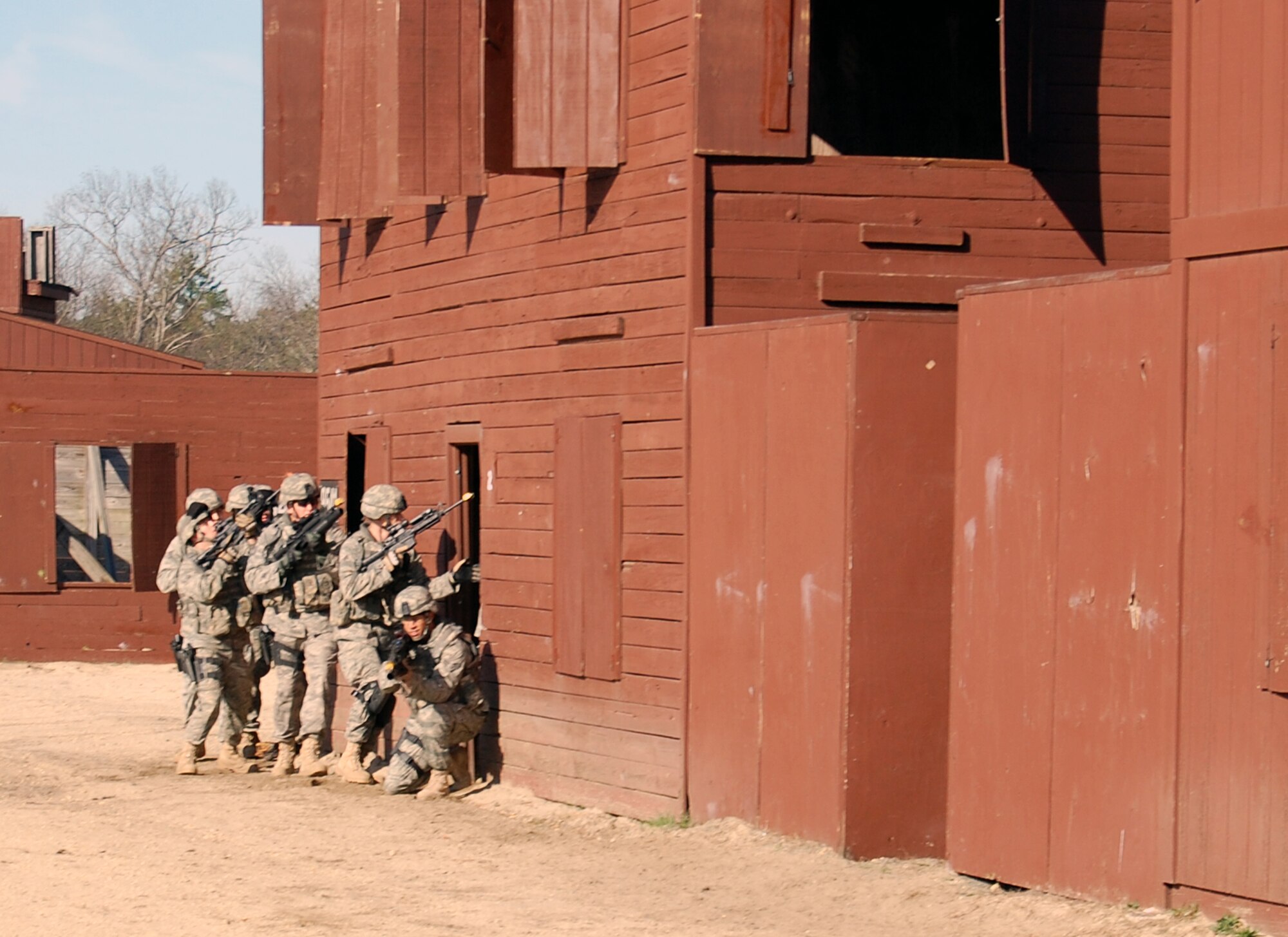 Security forces Airmen training for an upcoming deployment participate in a field course for military operations in urban terrain on a Fort Dix, N.J., range on March 31, 2009.  The training is taught by the U.S. Air Force Expeditionary Center's 421st Combat Training Squadron. (U.S. Air Force Photo/Tech. Sgt. Scott T. Sturkol)