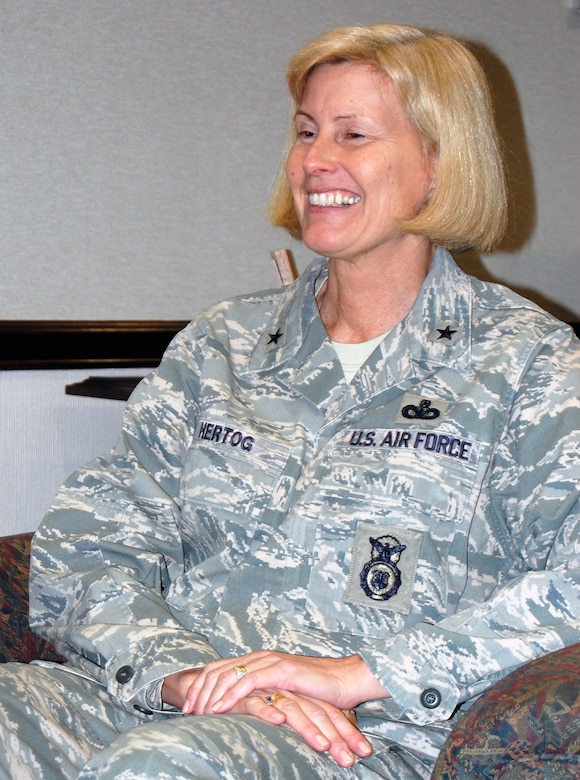Brig. Gen. Mary Kay Hertog, the Air Force Director of Security Forces at the Pentagon in Arlington, Va., particiaptes in an interview in the U.S. Air Force Expeditionary Center on Fort Dix, N.J., on March 26, 2009.  General Hertog is the first female security forces officer to hold the top Air Forces security forces post and held a video-teleconferenced briefing to more than 15 locations world-wide as part of a professional speaker series at the Expeditionary Center.  (U.S. Air Force Photo/Tech. Sgt. Scott T. Sturkol)