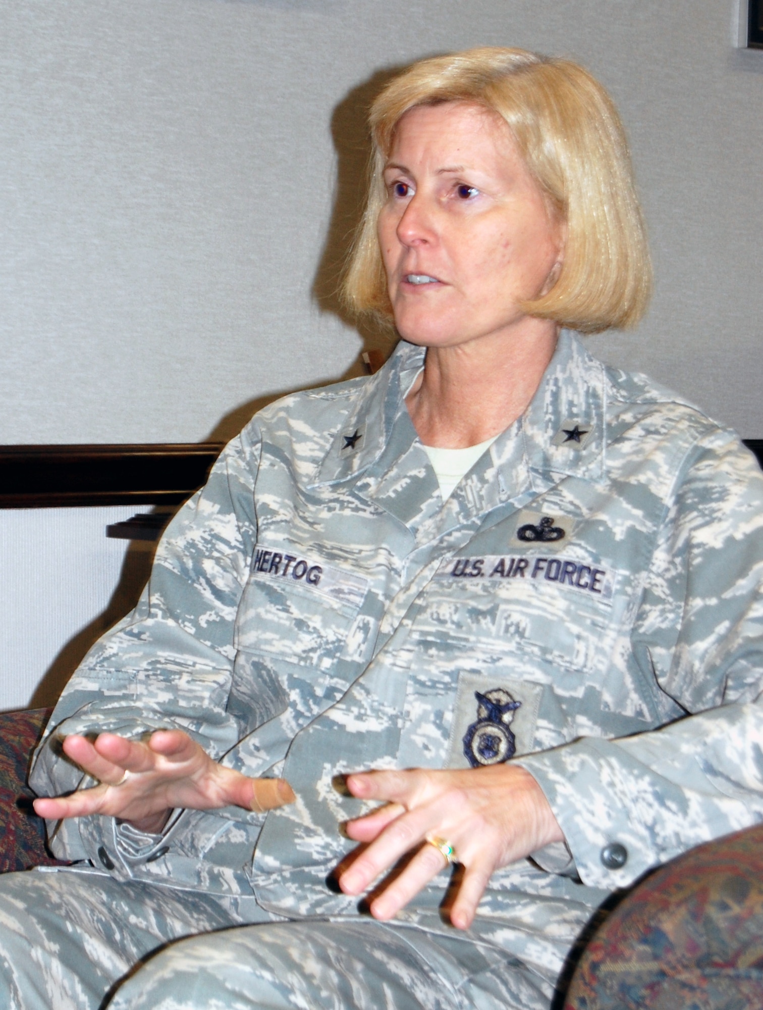 Brig. Gen. Mary Kay Hertog, the Air Force Director of Security Forces at the Pentagon in Arlington, Va., talks during an interview in the U.S. Air Force Expeditionary Center on Fort Dix, N.J., on March 26, 2009.  General Hertog is the first female security forces officer to hold the top Air Forces security forces post and held a video-teleconferenced briefing to more than 15 locations world-wide as part of a professional speaker series at the Expeditionary Center.  (U.S. Air Force Photo/Tech. Sgt. Scott T. Sturkol)