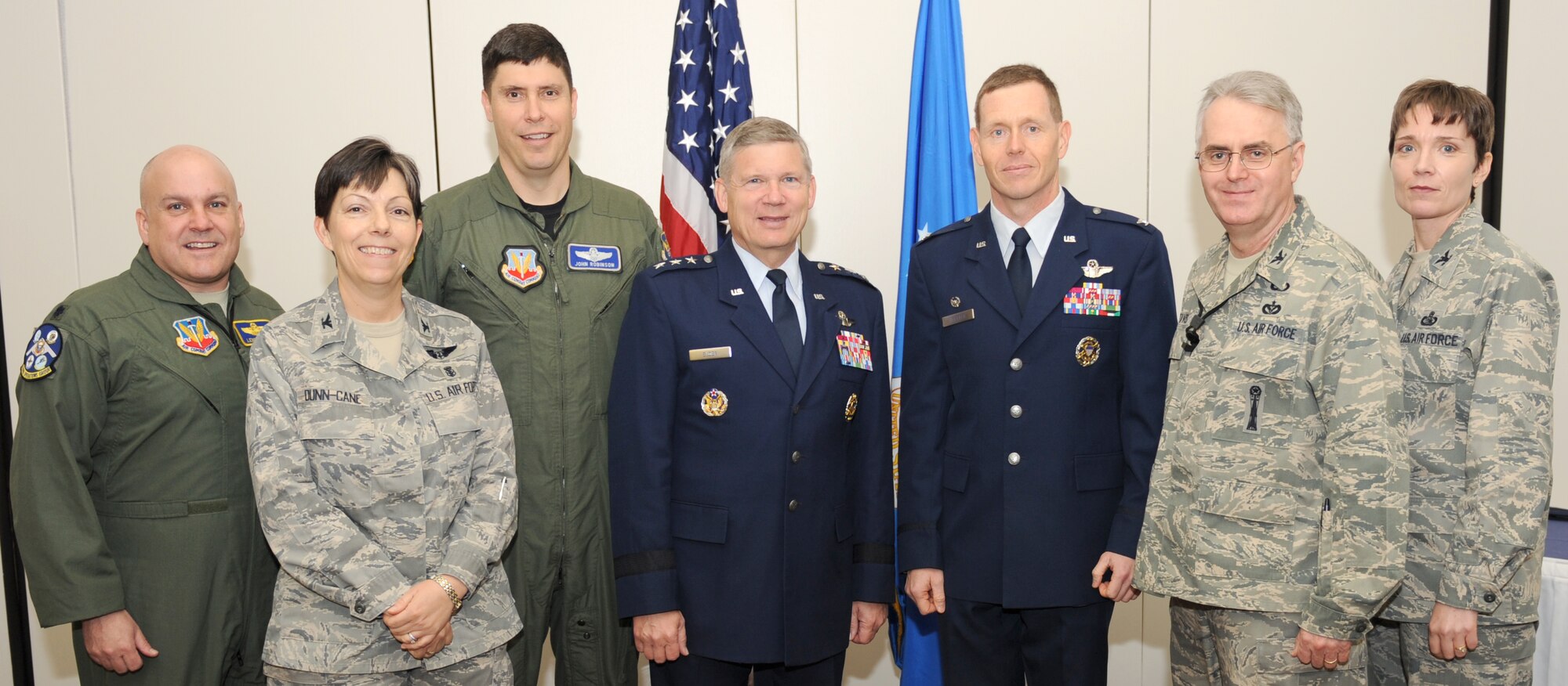 WHITEMAN AIR FORCE BASE, Mo. - Lt. Gen. Robert Elder, 8th Air Force commander (center), and 509th Bomb Wing senior leadership welcome Col. Robert Wheeler, 509th Bomb Wing commander at the change of command ceremony reception March 24. (U.S. Air Force photo/Staff Sgt Charles Larkin)  
