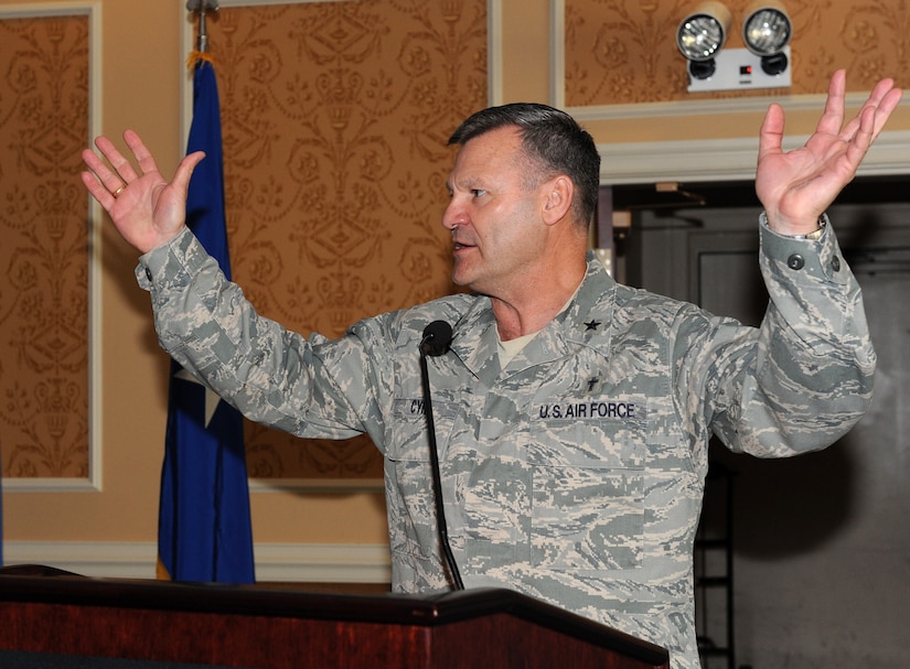 LANGLEY AIR FORCE BASE, Va. -- Chaplain (Brig. Gen.) David H. Cyr, Air Force Deputy Chief of Chaplains, speaks to Airmen during this year's National Prayer Breakfast on March 31.  The breakfast provides an opportunity for Airmen to reaffirm the moral and spiritual values upon which our nation was founded. (U.S. Air Force photo/Airman 1st Class Gul Crockett)