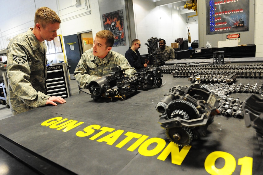 SHAW AIR FORCE BASE, S.C. -- Staff Sgt. Brandon Ferrel and Senior Airman Zach Johnson, 20th Equipment Maintenance Squadron armament system specialists, rebuild the M61A1 20mm gatling gun on new gun station table created with a rapid improvement event held by the 20th EMS March 12, 2009. The RIE is part of Air Force Smart Operations of the 21st Century being implemented on Shaw AFB. (U.S. Air Force photo/Senior Airman Matthew Davis)