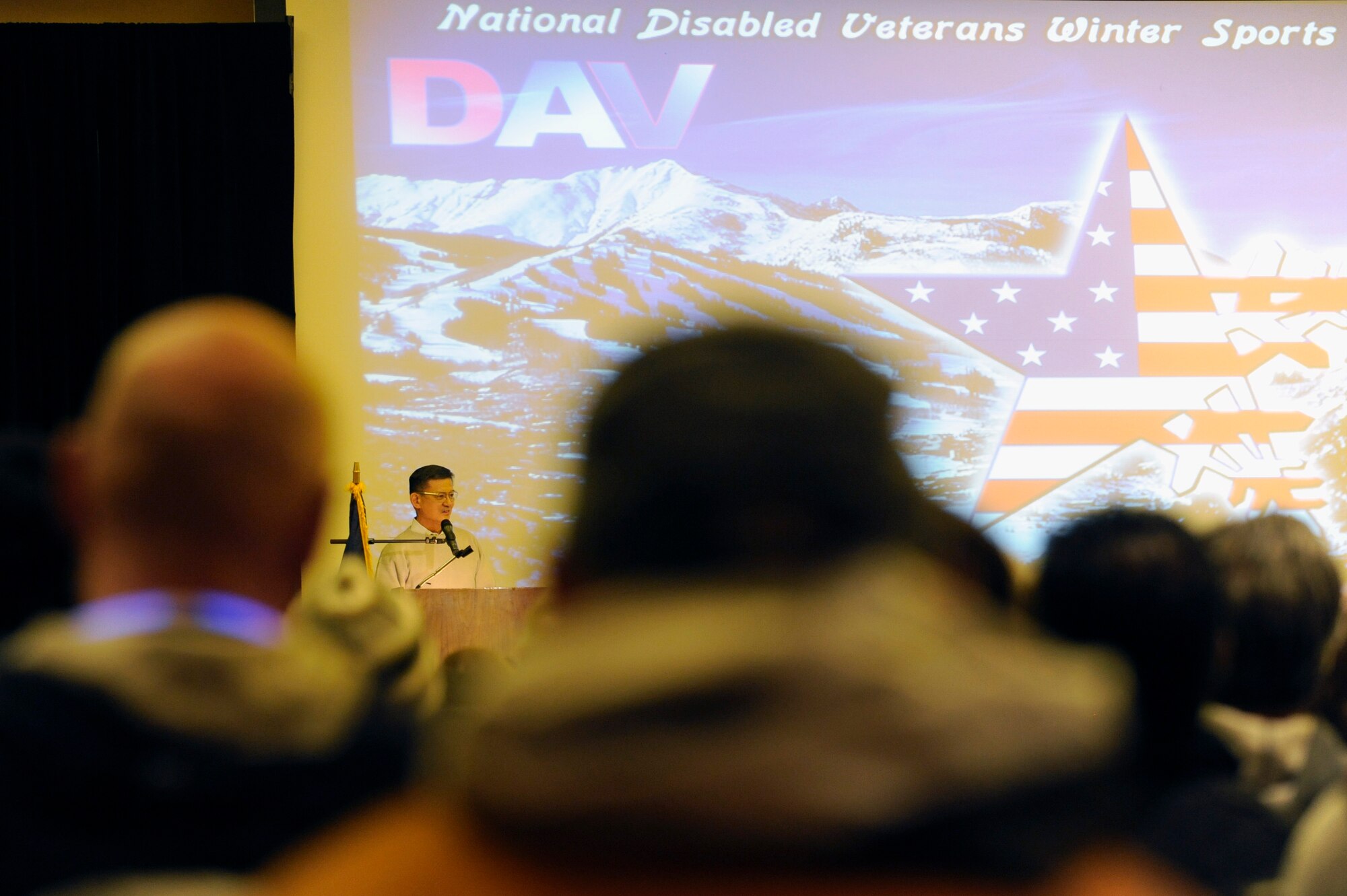 Secretary of Veterans Affairs Eric K. Shinseki gave opening remarks during the opening ceremony inside The Silver Tree Hotel March 29 for the 23rd National Disabled American Veterans Winter Sports Clinic in Snowmass Village, Colo. The event is sponsored by the Department of Veterans Affairs and Disabled American Veterans. (U.S. Air Force photo/Staff Sgt. Desiree N. Palacios)