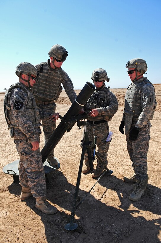 U.S. Army soldiers set up a 120mm mortar system to teach Iraqi soldiers ...