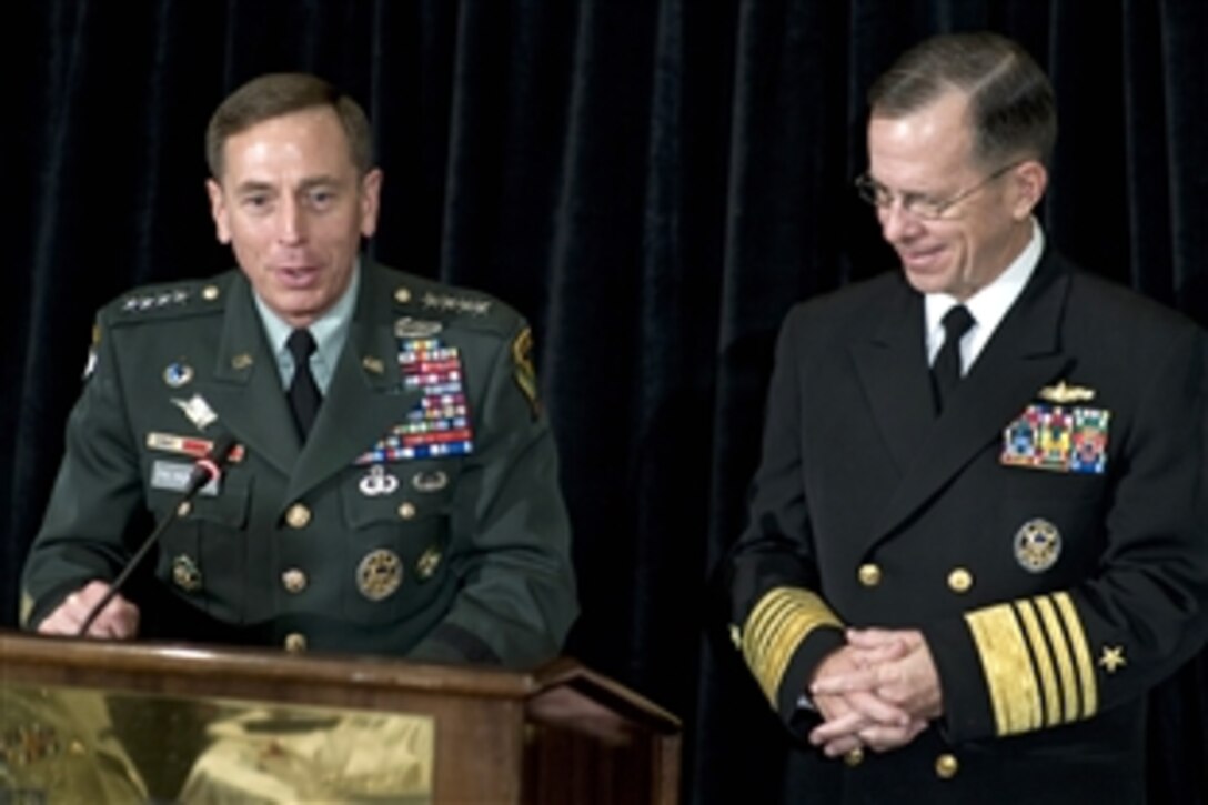 U.S. Army Gen. David Petraeus, Commander, U.S. Central Command, introduces U.S. Navy Adm. Mike Mullen, chairman of the Joint Chiefs of Staff, at the U.S. Central Command Central and South Asia Nations Chiefs of Defense Conference in Washington, D.C., March 31, 2009. The annual three-day conference is an opportunity to increase high-level dialogue between theatre commander and regional defense chiefs. 
