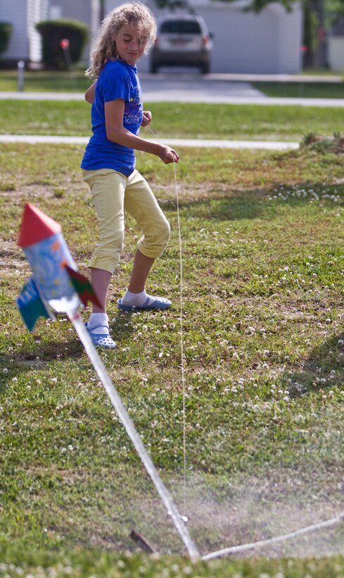 A students launches a water pressure powered bottle rockets during the Bitz Intermediate School’s Science Club May 1. The club was organized by Pam Philpott and Travis Parker, teachers at the school, to deliver science in an entertaining and hands-on way to students.