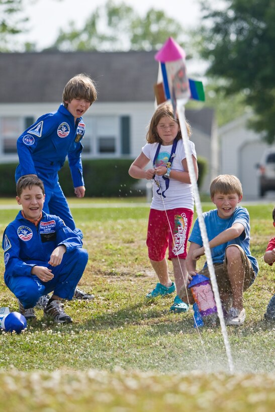 Students from the fourth and fifth graders launch water pressure powered bottle rockets during the Bitz Intermediate School’s Science Club May 1. The club was organized by Pam Philpott and Travis Parker, teachers at the school, to deliver science in an entertaining and hands-on way to students.