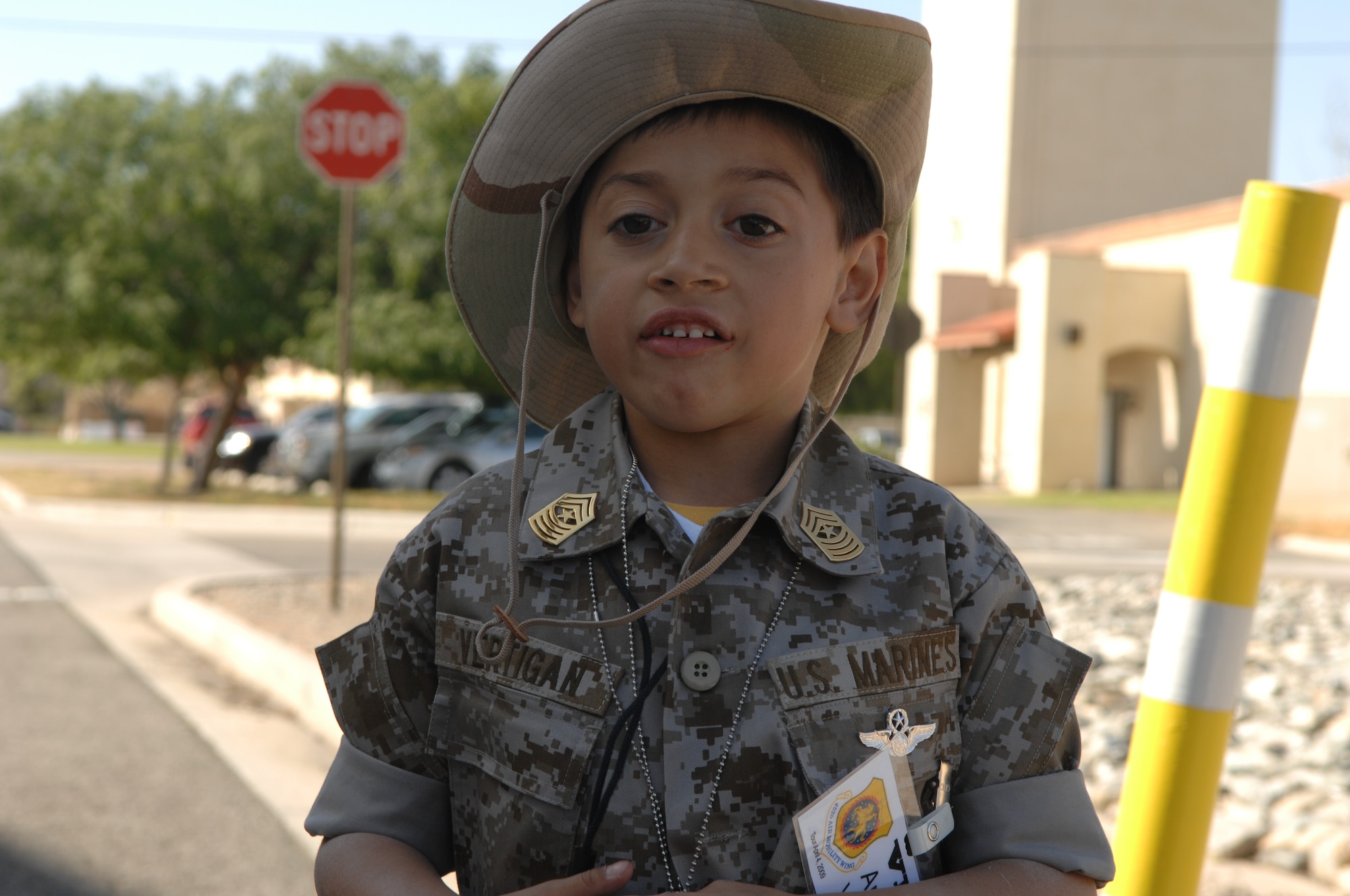 Decked out in his military garb, Andrew awaits his next military assignment. His wish, to spend “a day in the military” was granted by the Make A Wish Foundation of the Inland Empire. (U.S. Air Force photo by Staff Sgt. Angel Gallardo)