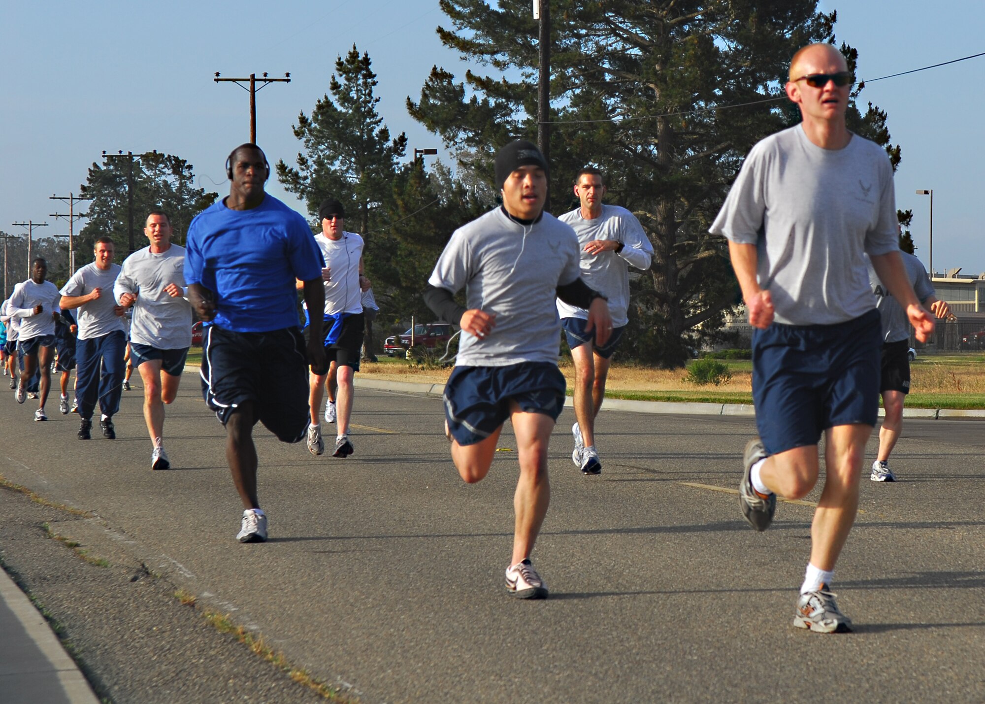 VANDENBERG AIR FORCE BASE, Calif.--  Members of Team Vandenberg participate in the Fit-to-Fight run April 30. This run was unique because participants wore teal to raise awareness for sexual assault and blue for child abuse prevention. (U.S. Air Force photo/Airman 1st Class Kerelin Molina)