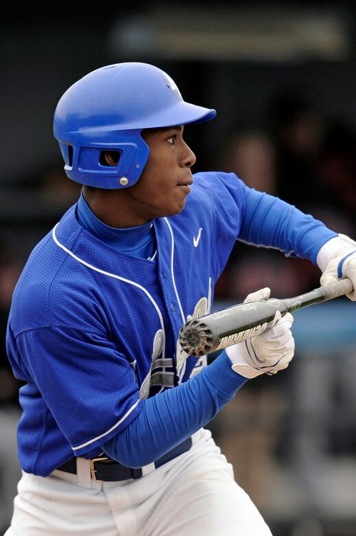 U.S. Air Force Academy junior centerfielder Daniel Walker squares up for a bunt during the 20-13 loss to the University of Nevada, Las Vegas at Falcon Field April 25 at the Academy in Colorado Springs, Colo.  The loss dropped Air Force to 14-25 overall, with a Mountain West Conference record of 3-8  (U.S. Air Force photo/Mike Kaplan)