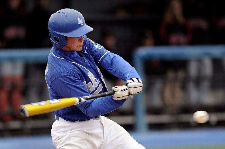 U.S. Air Force Academy sophomore second baseman Jon McMahon swings at a pitch as he went 2 for 6 during the 20-13 loss to the University of Nevada, Las Vegas at Falcon Field April 25 at the Academy in Colorado Springs, Colo. The Falcons  had 18 hits on the day with three homers, but dropped to a 14-25 overall record, with a Mountain West Conference record of 3-8. (U.S. Air Force photo/Mike Kaplan)