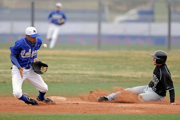 U.S. Air Force Academy junior shortstop K.J. Randhawa stops a badly thrown ball as UNLV steals 2nd base during the 20-13 loss to the University of Nevada, Las Vegas at Falcon Field April 25 at the Academy in Colorado Springs, Colo. The loss dropped Air Force to 14-25 overall, with a Mountain West Conference record of 3-8. (U.S. Air Force photo/Mike Kaplan)