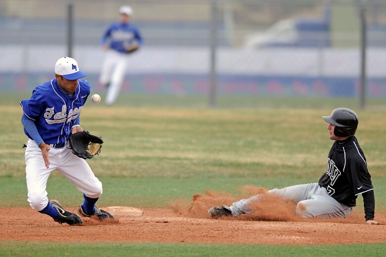 U.S. Air Force Academy junior shortstop K.J. Randhawa stops a badly thrown ball as UNLV steals 2nd base during the 20-13 loss to the University of Nevada, Las Vegas at Falcon Field April 25 at the Academy in Colorado Springs, Colo. The loss dropped Air Force to 14-25 overall, with a Mountain West Conference record of 3-8. (U.S. Air Force photo/Mike Kaplan)