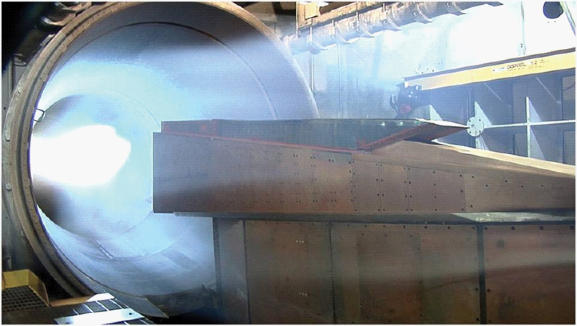 Pratt & Whitney Rocketdyne SJX61-2 Mach 5 ground test under way at the National Aeronautics and Space Administration Langley Research Center’s 8 ft high-temperature tunnel. (U.S. Air Force)
