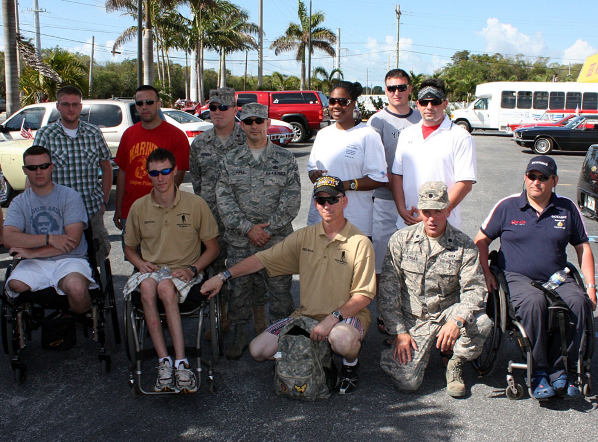 KEY LARGO, Fla. – Lt. Col. George Adrian, Maj. Greg Hohman, Senior Master Sgt. Oscar Lopez (pictured) and several other wing members participated in a celebration for 25 veterans from both the United States and United Kingdom who were wounded in combat while serving in Iraq or Afghanistan on May 2. The wounded warriors were staying in Key Largo with Eagle Divers, Inc., which is a nonprofit organization that trains combat wounded military members in scuba diving for physical and mental rehabilitation. Hundreds of Florida Keys residents showed their gratitude to these heroes for their service and sacrifice. (U.S. Air Force photo/2nd Lt. Erik Hofmeyer)