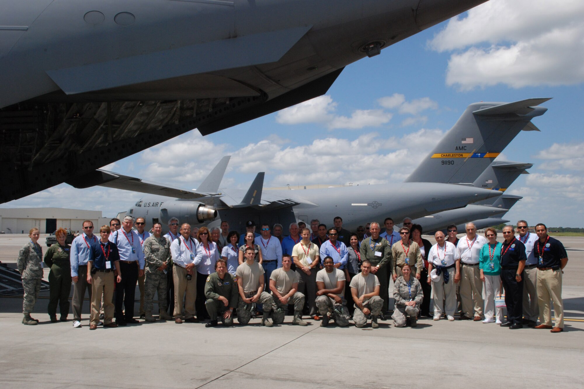 CHARLESTON AIR FORCE BASE, S.C. --Thirty five community and business leaders from the Patrick Air Force Base-area participated in a civic leader tour from Patrick AFB to Charleson AFB, S.C. April 28. The tour was designed to offer the tour participants a glimpse at how seemlessly active duty Air Force and Air Force Reserve personnel operate in today's joint training environment. The Air Force Reserve's 927th Air Refueling Wing from McDill AFB in Tampa provided the flight to Charleston on a KC-135 air refueling aircraft. The Air Force Reserve's 315th Airlift Wing flies C-17 aircraft along with the active duty 437th Airlift Wing at Charleston. U.S. Air Force photo/Master Sgt. Bryan Ripple