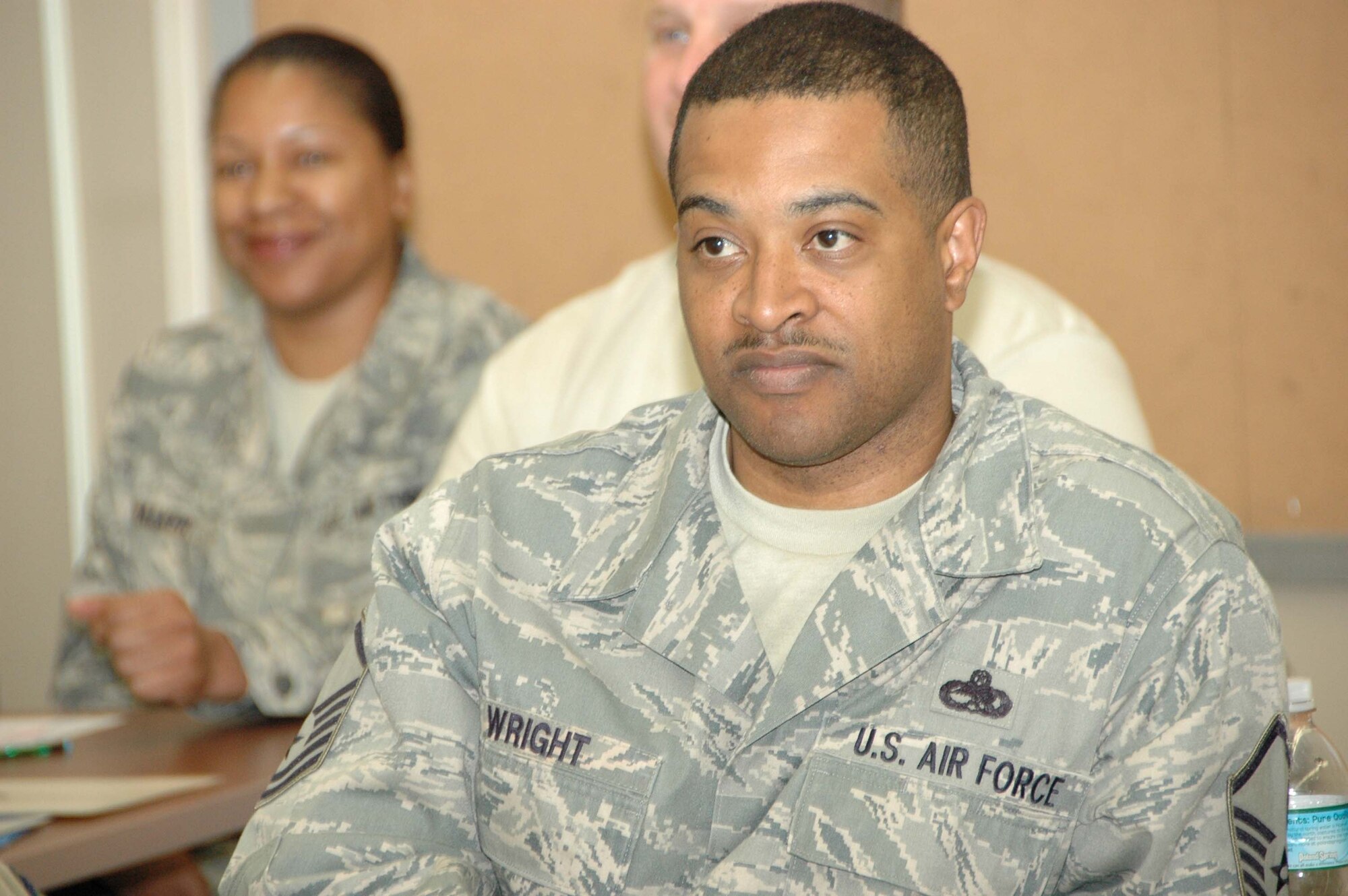 MCGUIRE AIR FORCE BASE, N.J. -- Reservist Master Sgt. Byron Wright waits to see if his group's answer to a question is correct. Sergeant Wright attended the Air Force Reserve Command's Senior NCO Leadership Development Course, held here for the first time in April. The weekend-long course provides SNCOs the chance to explore in-depth communications, trust, teamwork and leadership issues and initiatives. (U.S. Air Force Photo/Staff Sgt. Monica L. Dalberg)